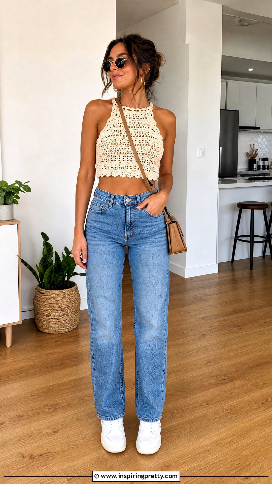 Crochet Crop Top And High Waisted Jeans Outfit - 20 crochet top on wooden floor outfit ideas