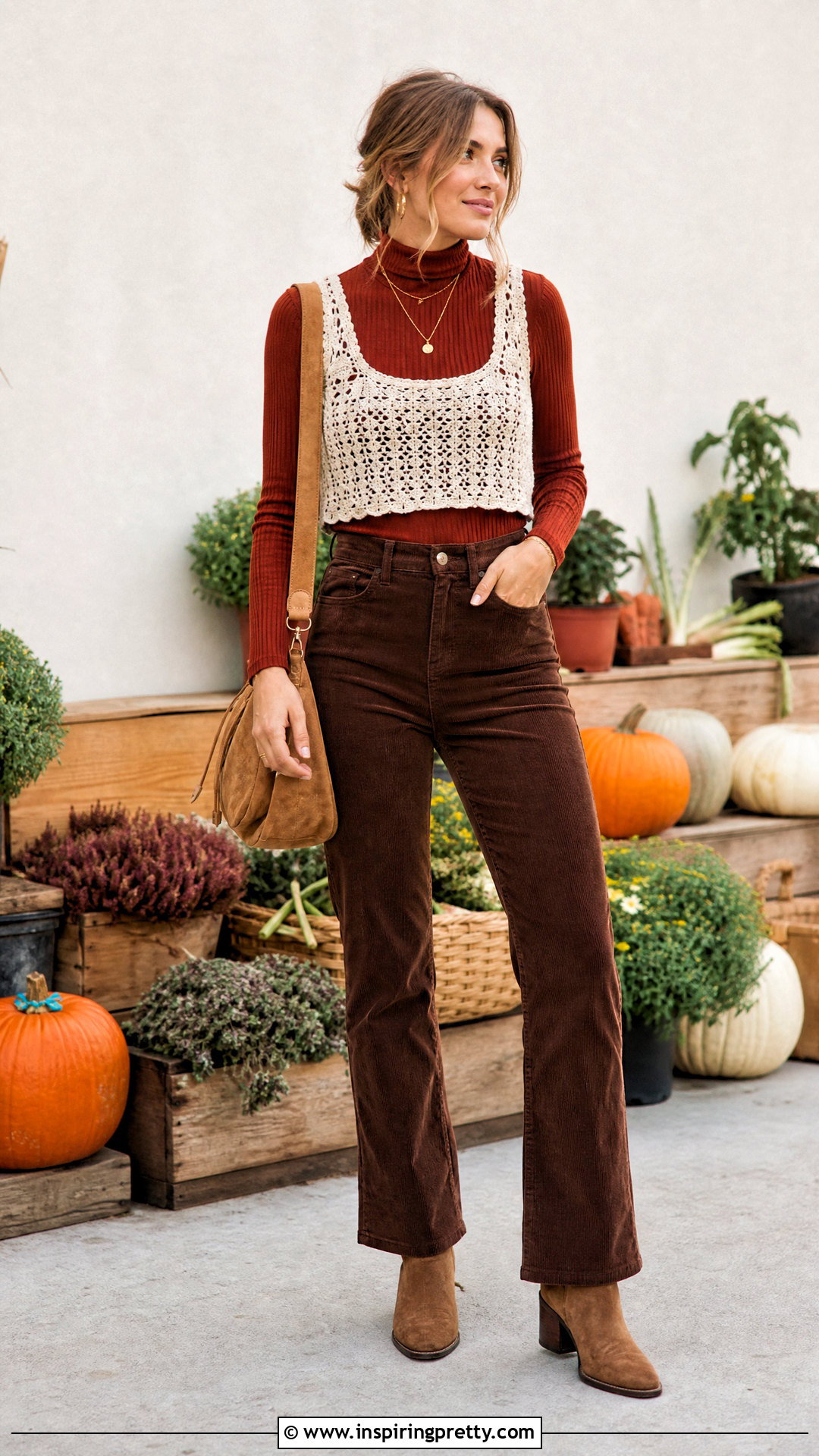 Crochet Crop Top Over Turtleneck With Corduroy Pants - 25 Crop Top Over Turtleneck outfit ideas