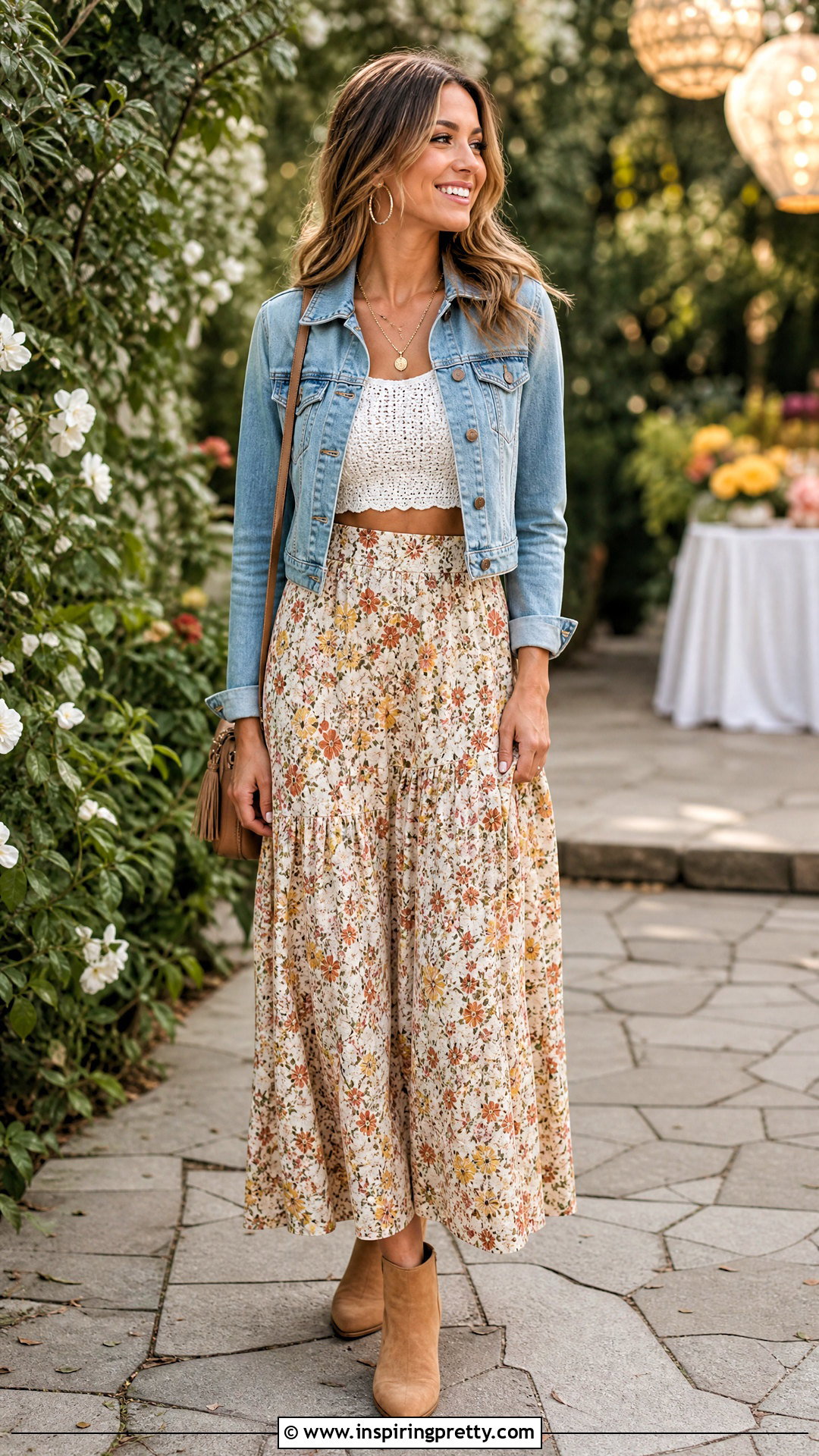 Crochet Crop Top With Denim Jacket And Maxi Skirt - 50 crochet crop top outfit ideas