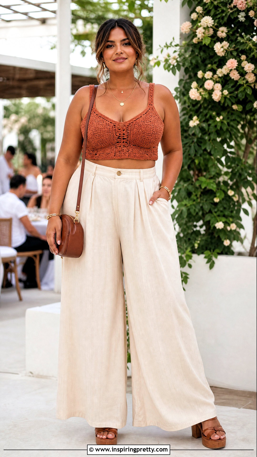 Crochet Crop Top With High Rise Flowy Pants - 50 crochet crop top outfit ideas