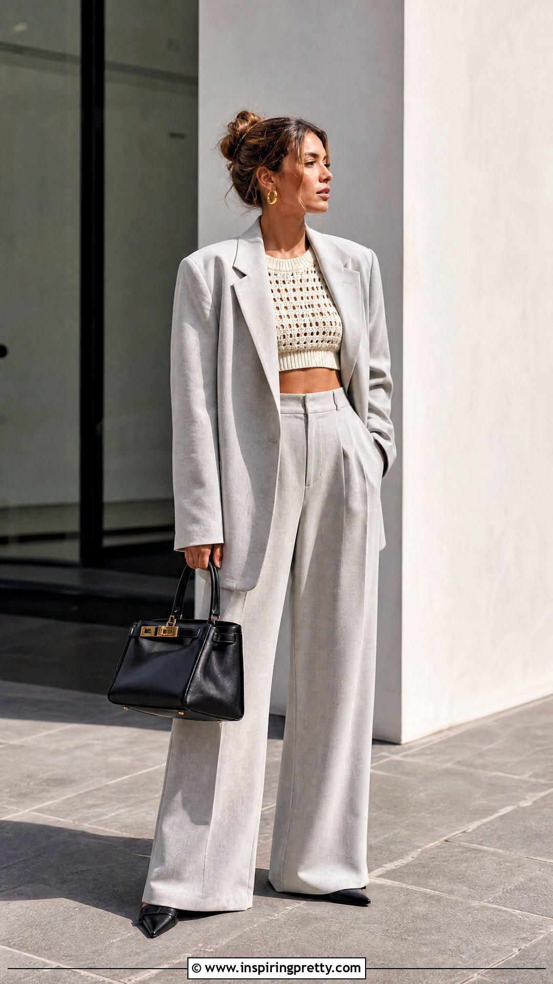 Crochet Crop Top With Oversized Blazer And Trousers - 25 Crochet Crop Top Inspiration Ideas