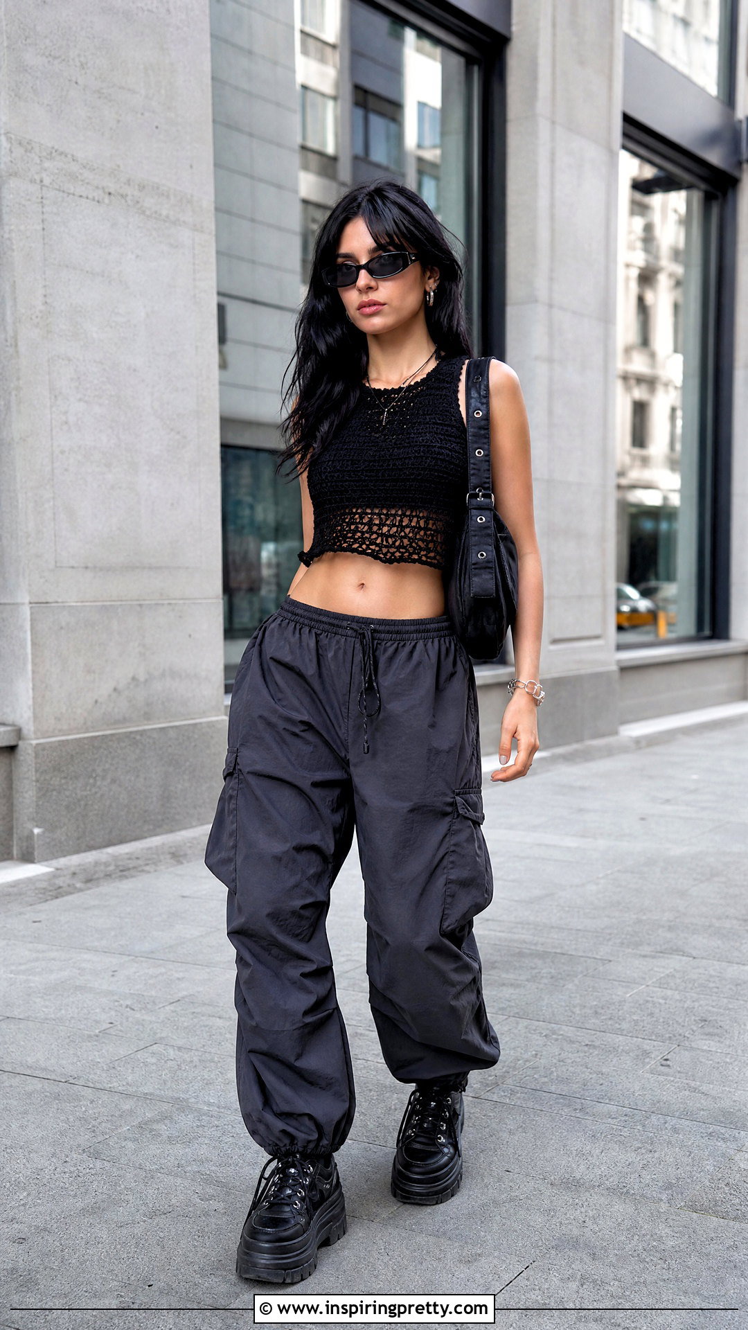 Crochet Crop Top With Parachute Pants - 50 goth crochet top outfit ideas