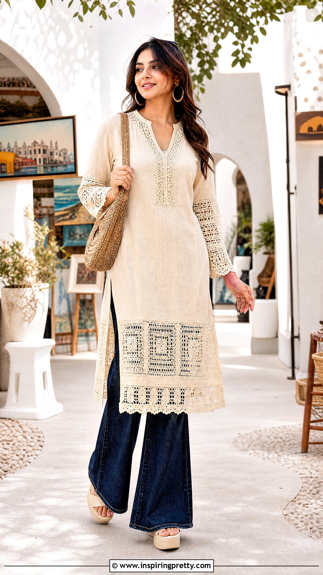 Crochet Detail Kurti With Flared Jeans - 50 kurti tops for jeans