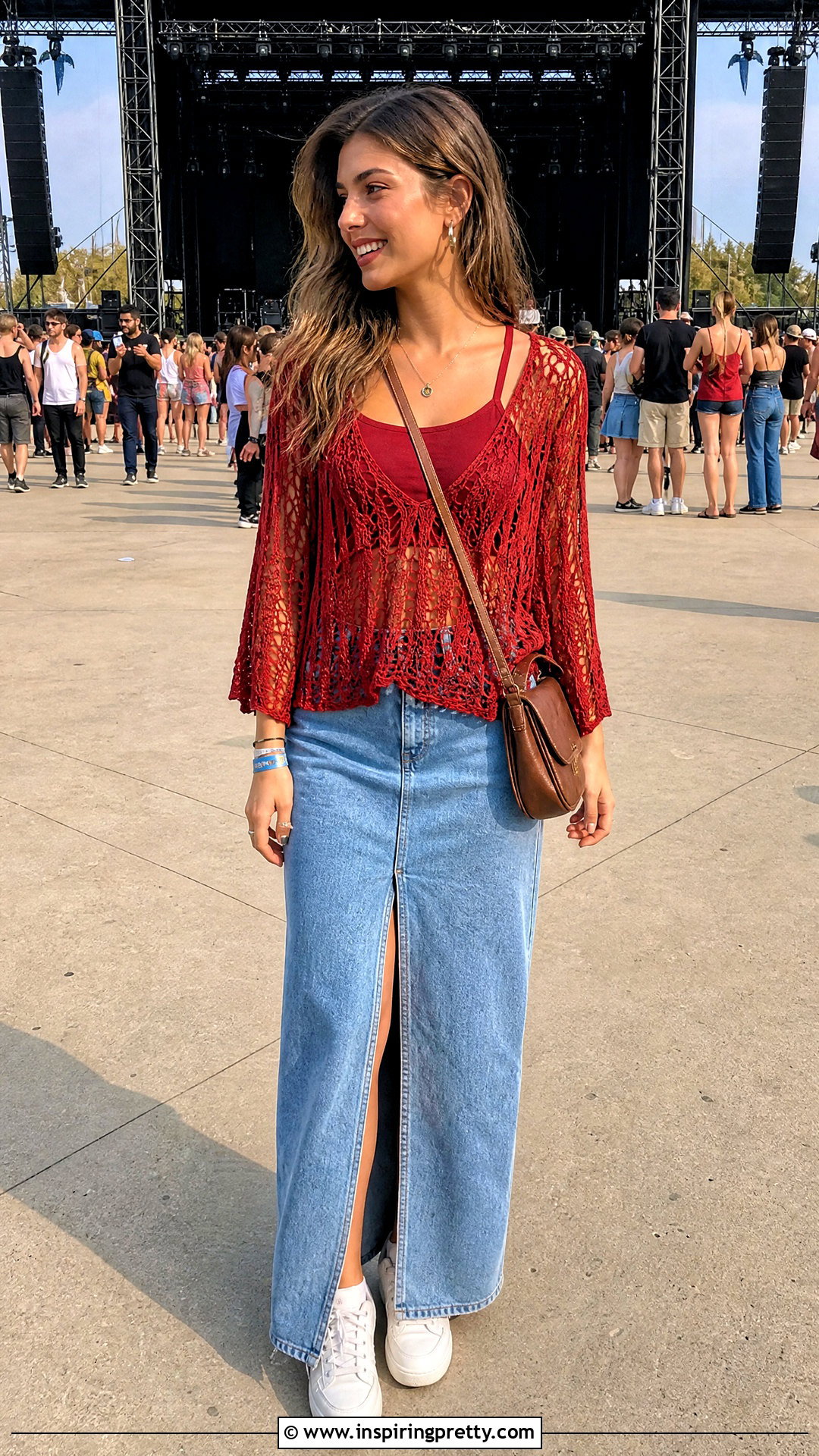 Crochet Flowy Top With Denim Maxi Skirt - 20 crochet flowy top outfit ideas
