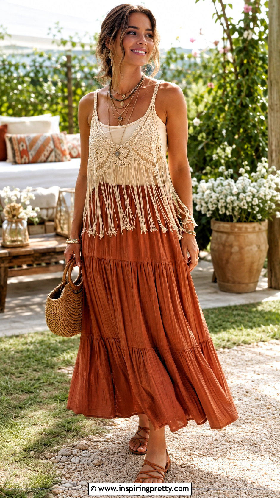 Crochet Fringe Top With Maxi Skirt - 50 Fringe Top outfit ideas