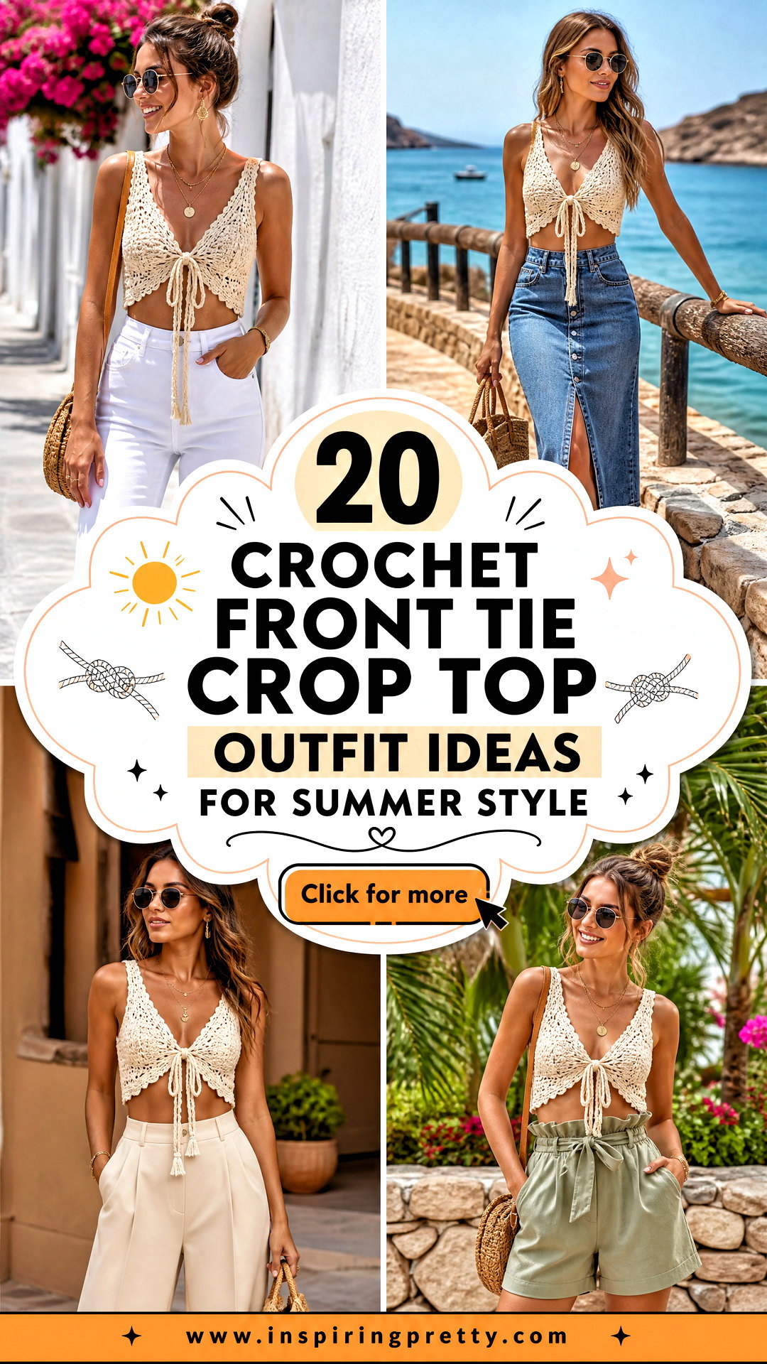 20 Crochet Front Tie Crop Top Outfit Ideas for Summer Style - 20 Crochet Front Tie Crop Top Outfit Ideas for Summer Style