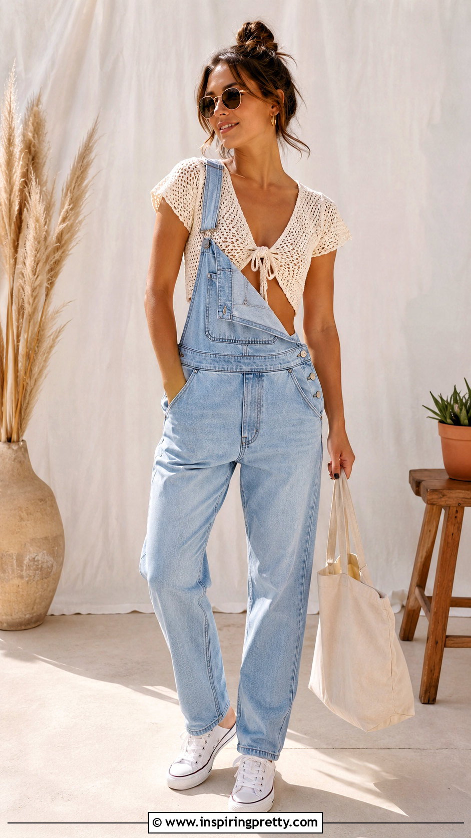 Crochet Front Tie Crop Top With Overalls - 20 crochet front tie crop top outfit ideas
