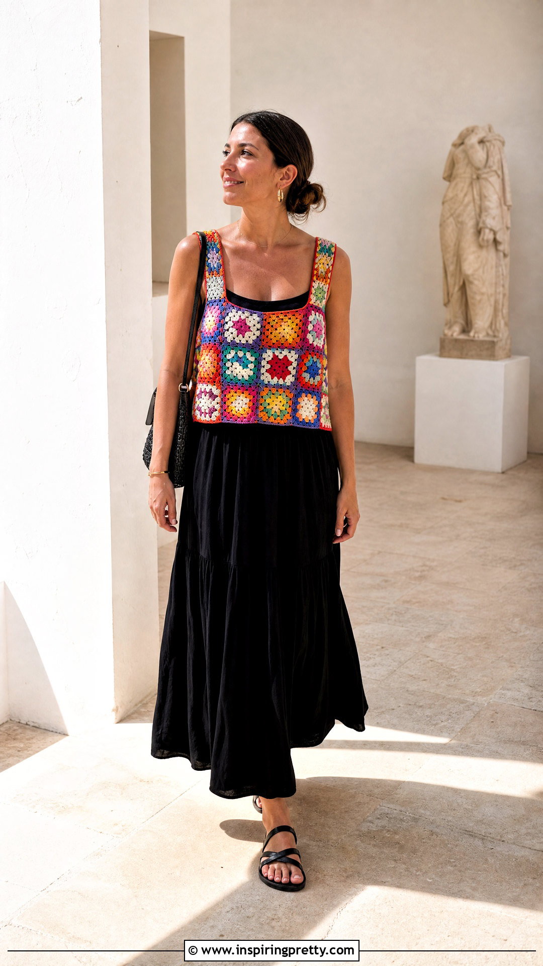 Crochet Granny Square Top With A Black Maxi Skirt - 50 crochet granny square top outfit ideas