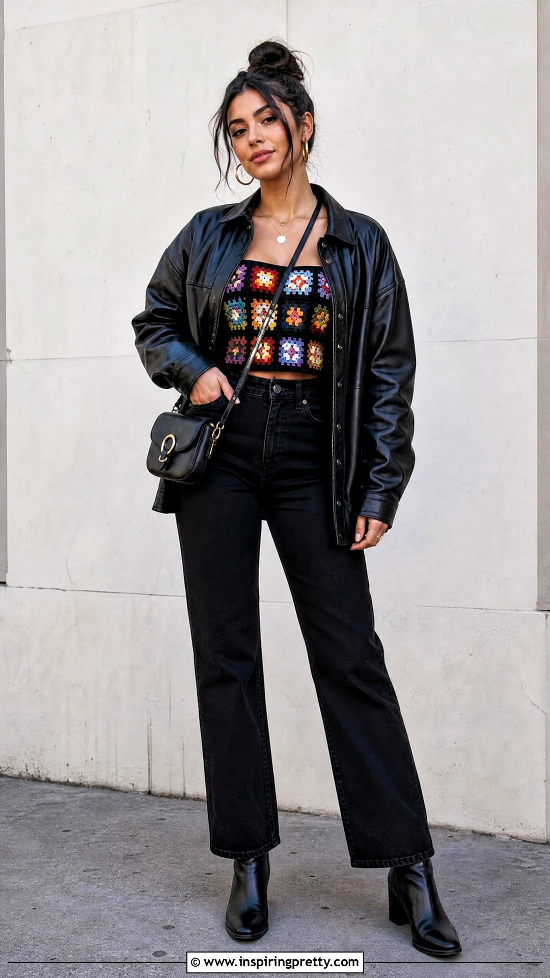 Crochet Granny Square Top With A Leather Jacket - 50 crochet granny square top outfit ideas