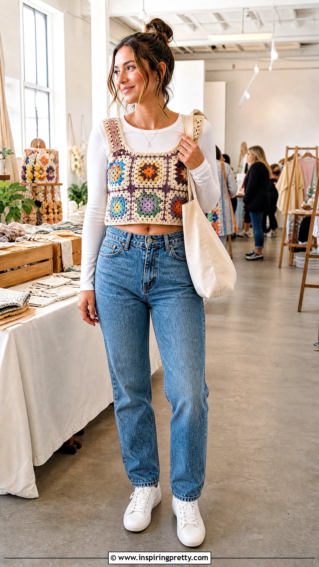 Crochet Granny Square Top With A Long Sleeve Tee - 50 crochet granny square top outfit ideas