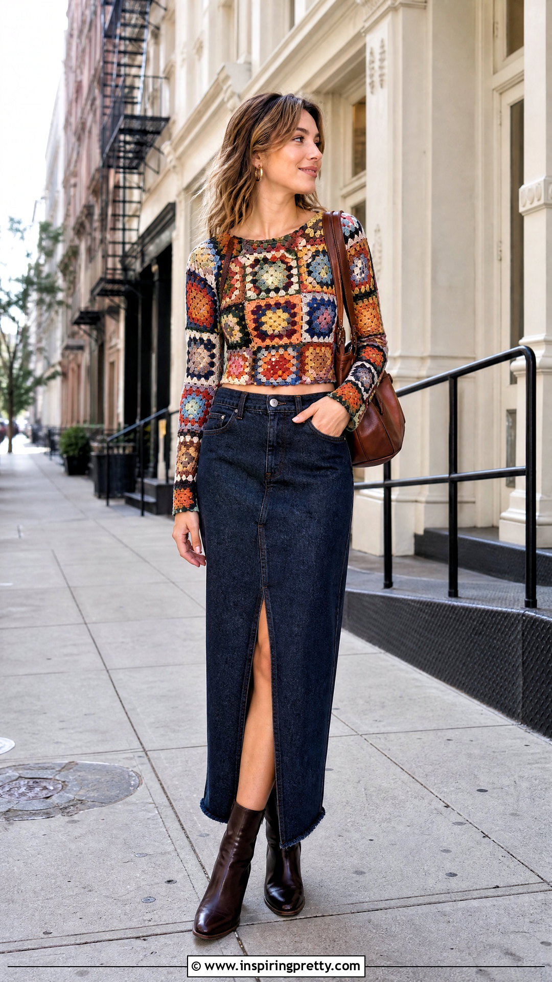 Crochet Granny Square Top With A Maxi Denim Skirt - 50 crochet granny square top outfit ideas
