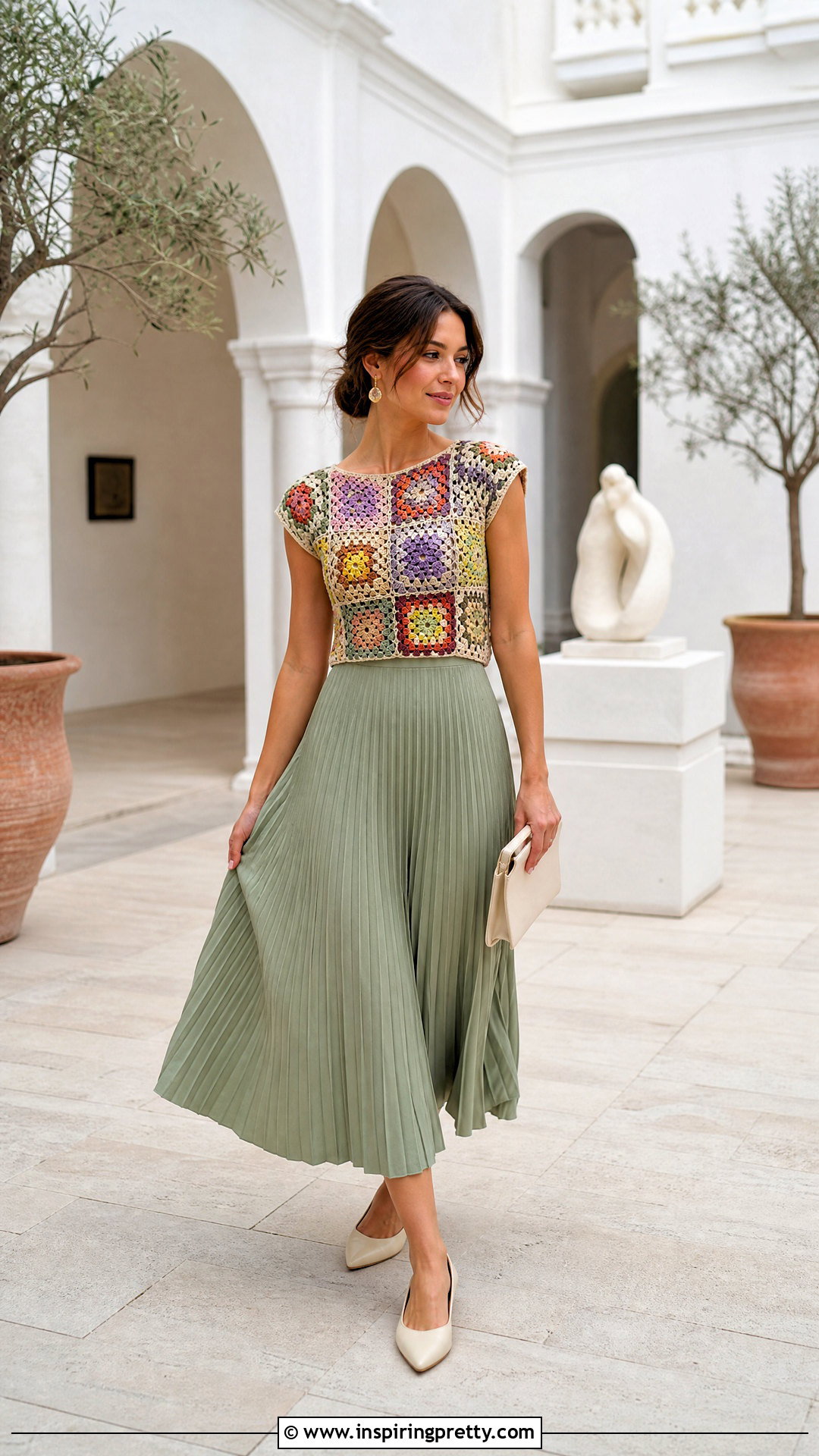 Crochet Granny Square Top With A Pleated Midi Skirt - 50 crochet granny square top outfit ideas