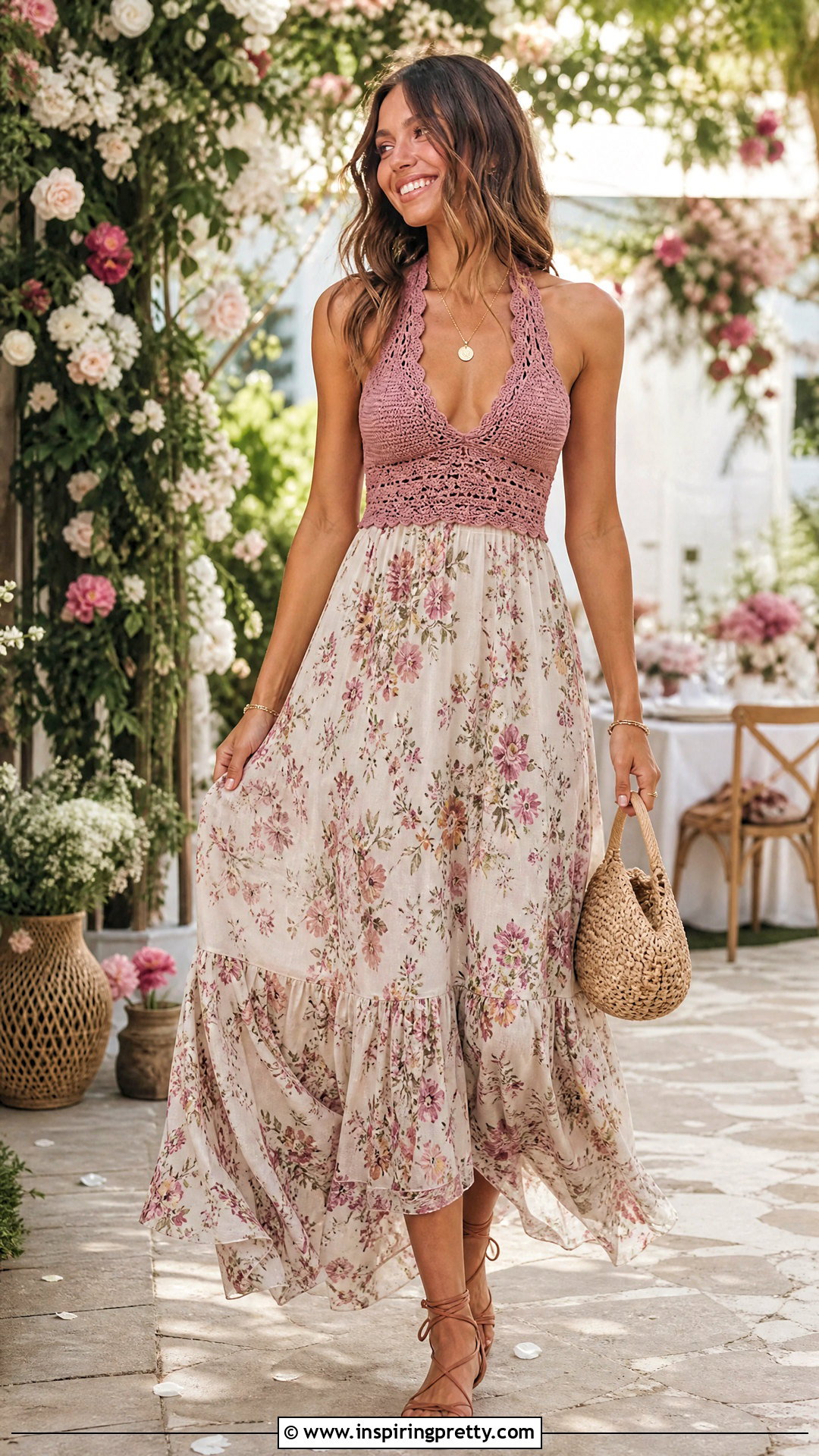 Crochet Halter Top With a Floral Maxi Skirt - 50 crochet halter top outfit ideas