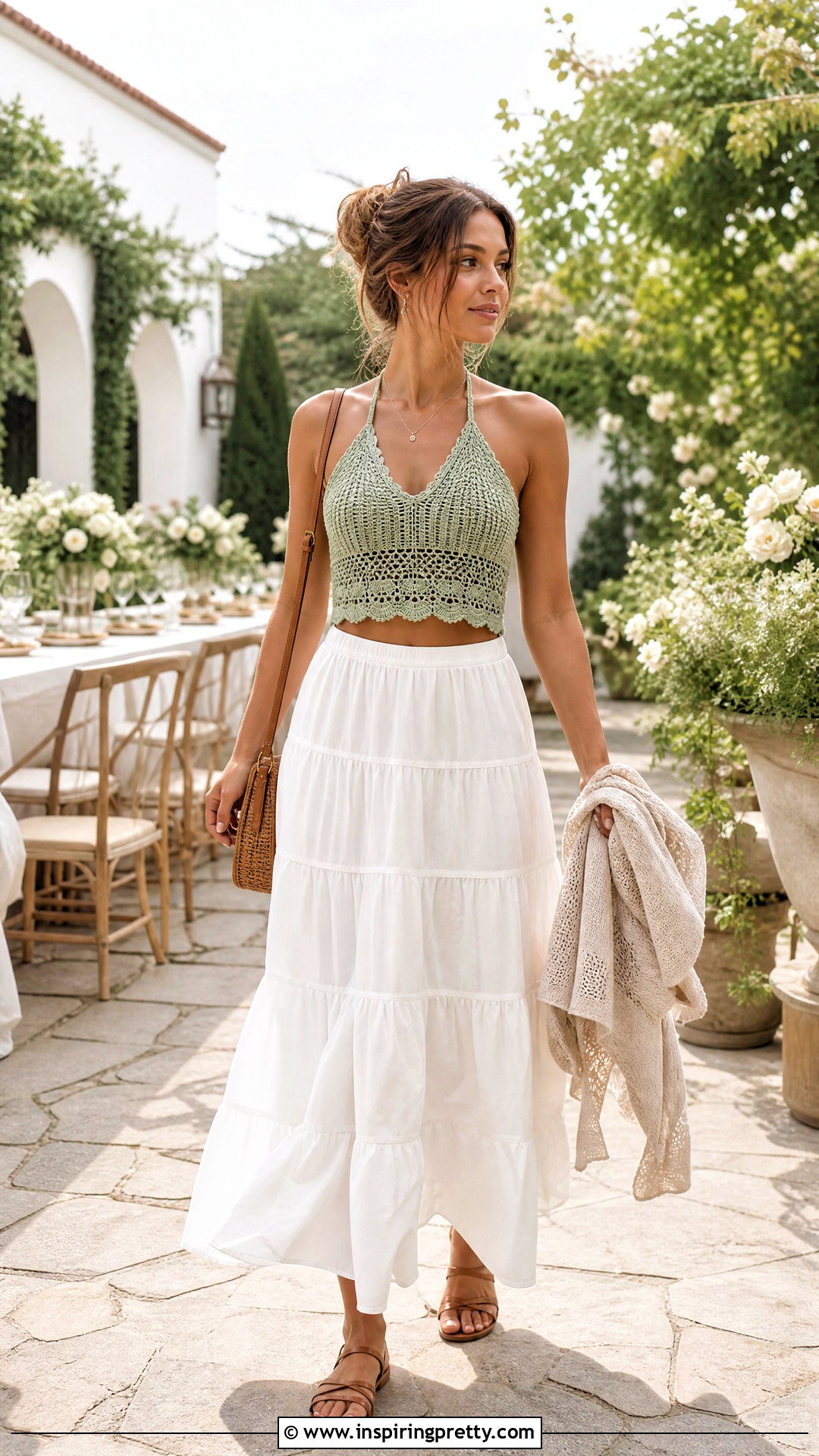 Crochet Halter Top With a Tiered Midi Skirt - 50 crochet halter top outfit ideas