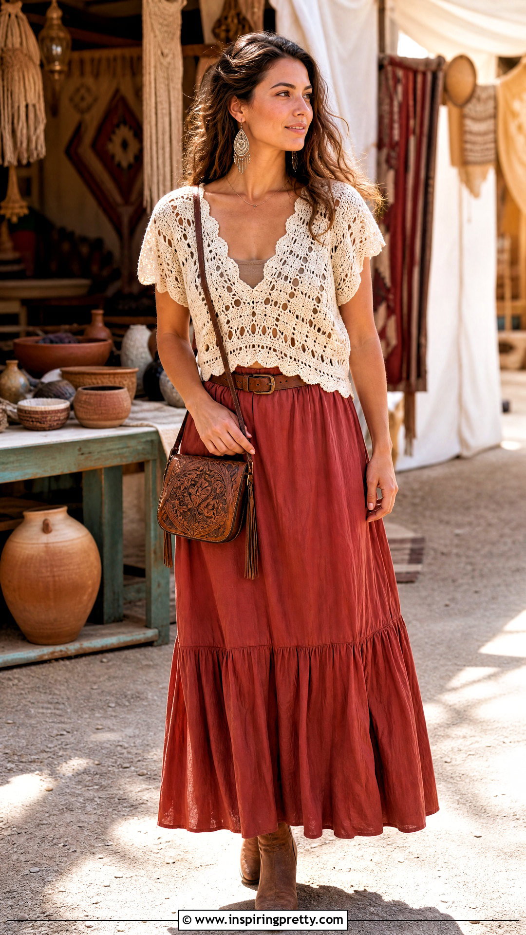Crochet Holey Top With Western Maxi Skirt - 25 Crochet Holey Top outfit ideas