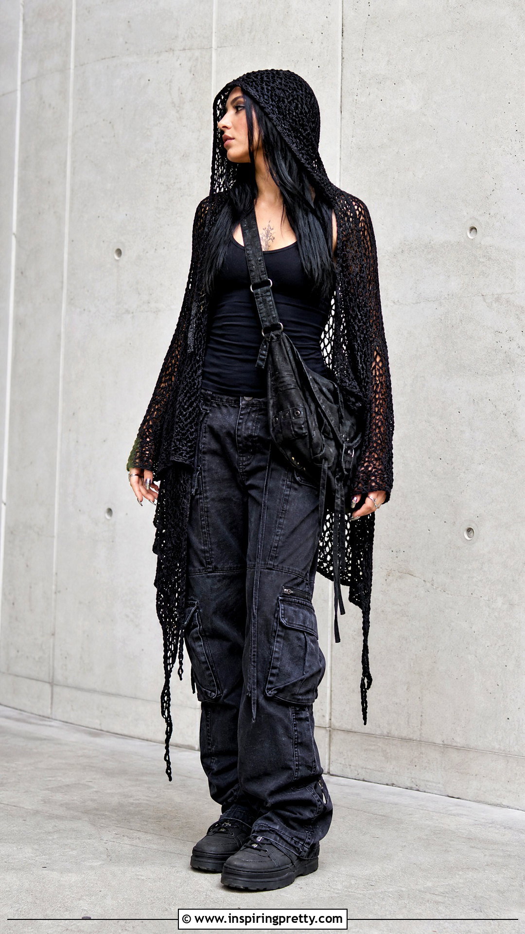 Crochet Hooded Top With Cargo Jeans - 50 goth crochet top outfit ideas