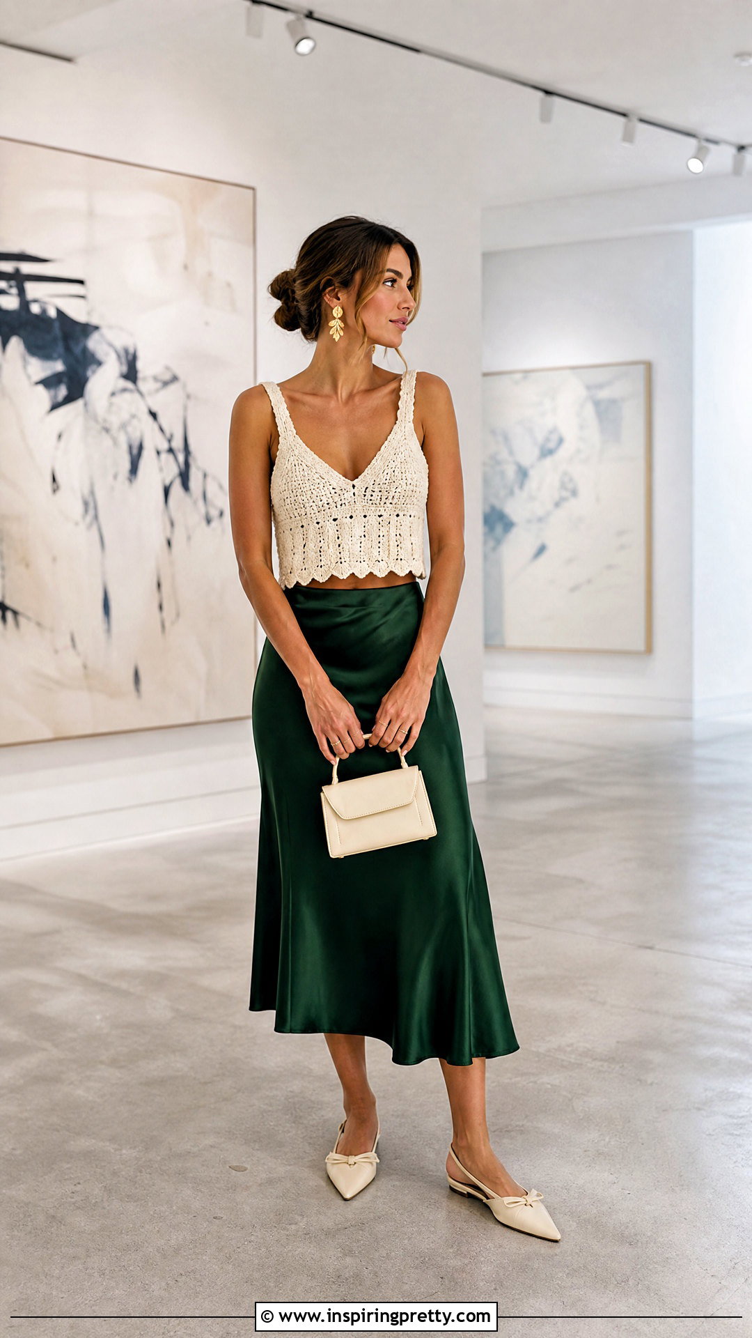 Crochet Knit Crop Top With Satin Midi Skirt - 20 crochet knitted crop top outfit ideas