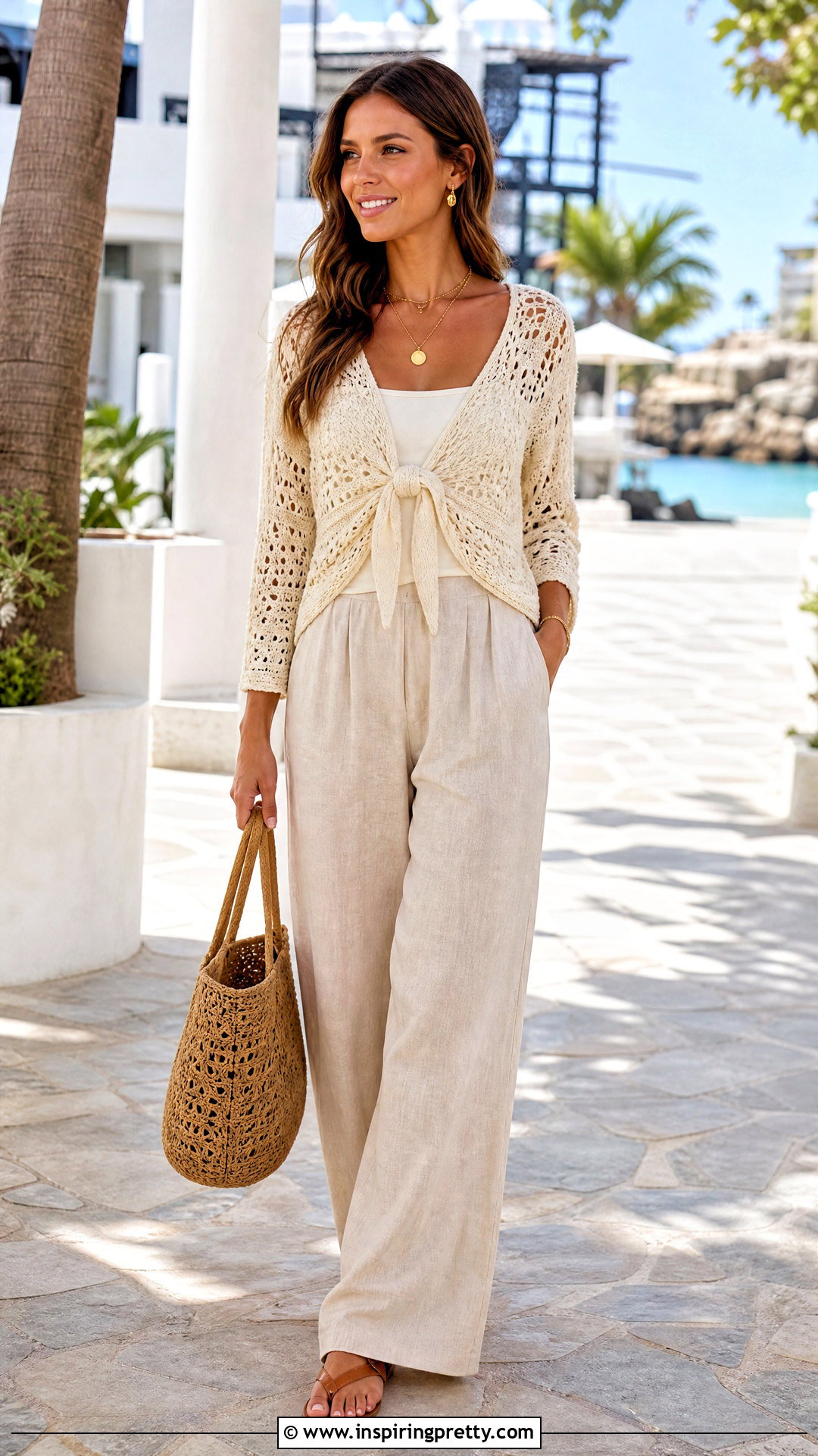 Crochet Knit Knot Front Top With Palazzo Pants - 20 Knot Front Knit Top outfit ideas