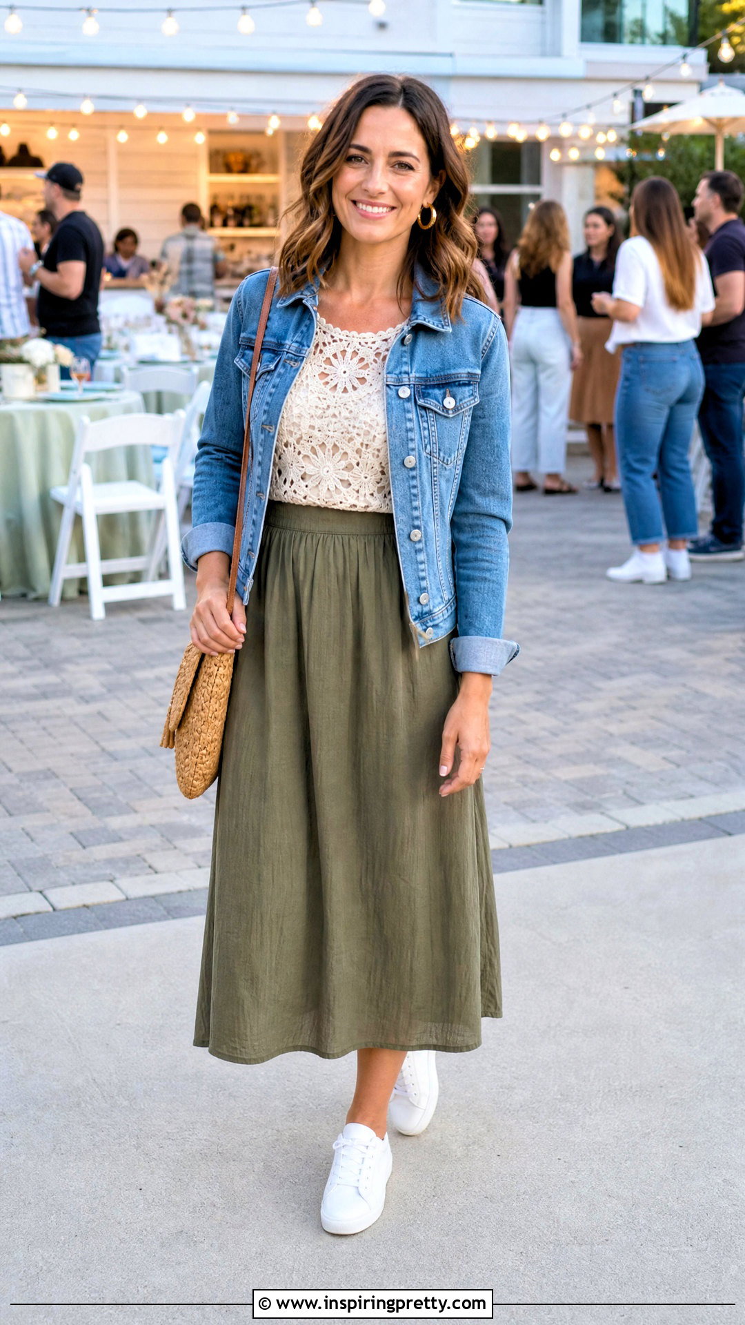 Crochet Lace Top With Denim Jacket And Midi Skirt - 50 crochet lace top outfit ideas