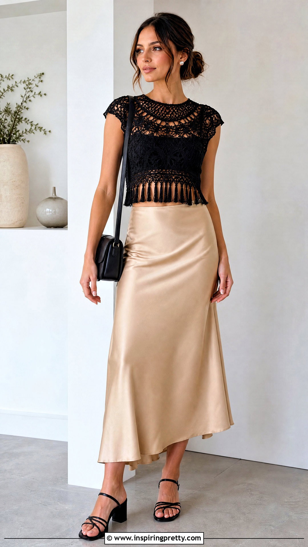 Crochet Lace Top With Tassels And Satin Midi Skirt - 20 Crochet Lace Top With Tassels