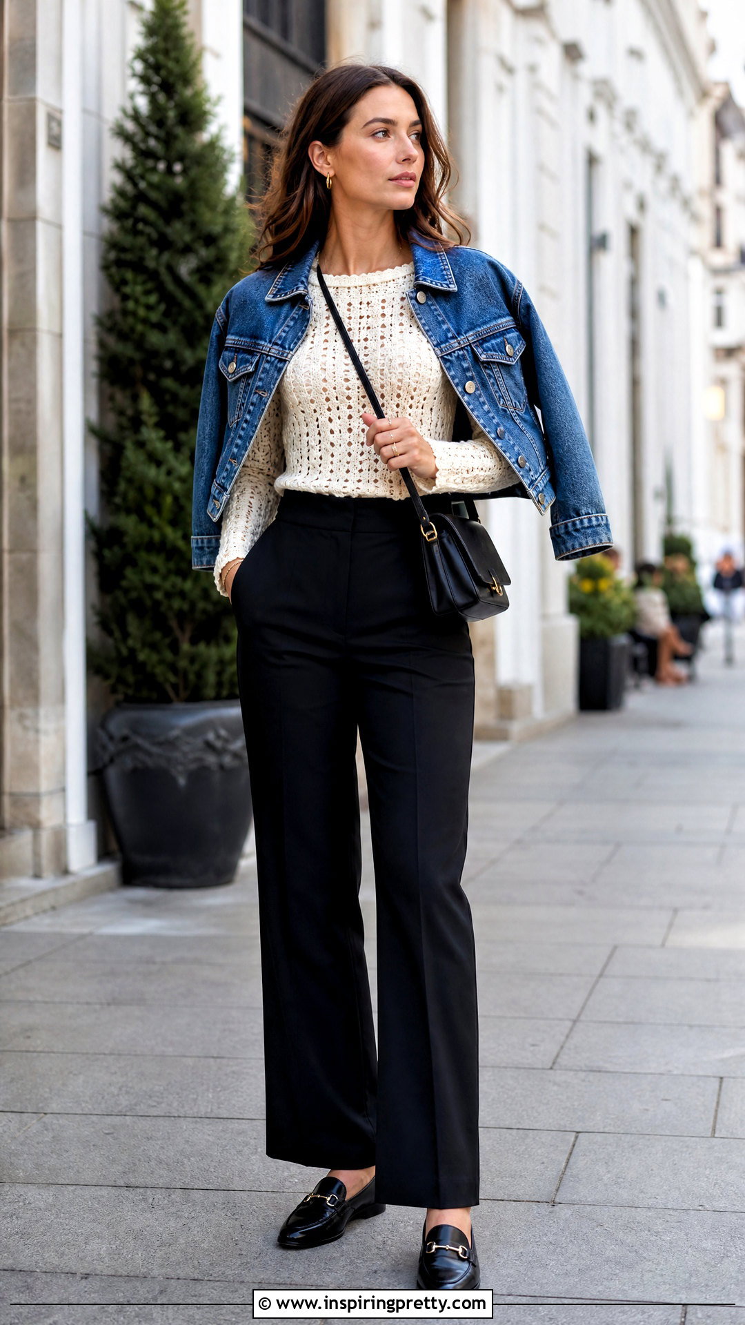 Crochet Long Sleeve Top With Denim Jacket And Trousers - 50 crochet long sleeve top outfit ideas