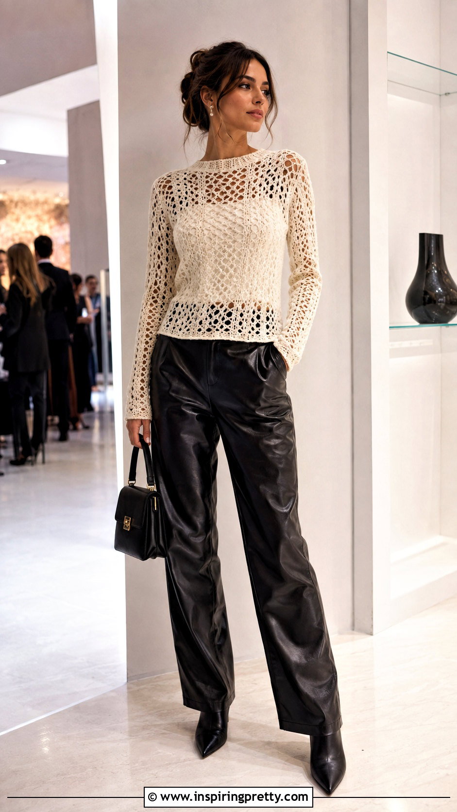Crochet Long Sleeve Top With Leather Pants - 50 handmade tops outfit ideas
