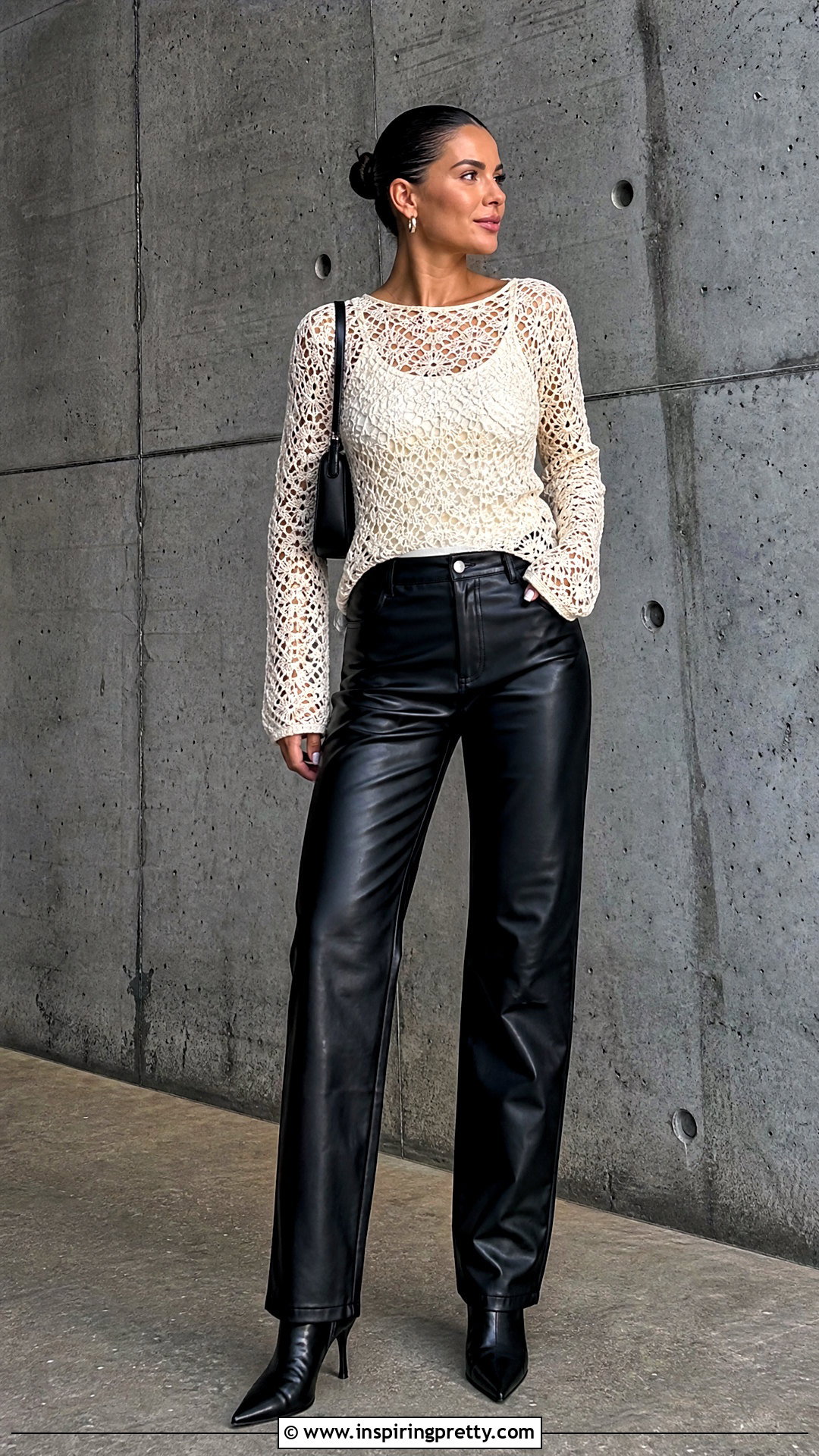 Crochet Long Sleeve Top With Leather Pants - 50 crochet tops outfit ideas