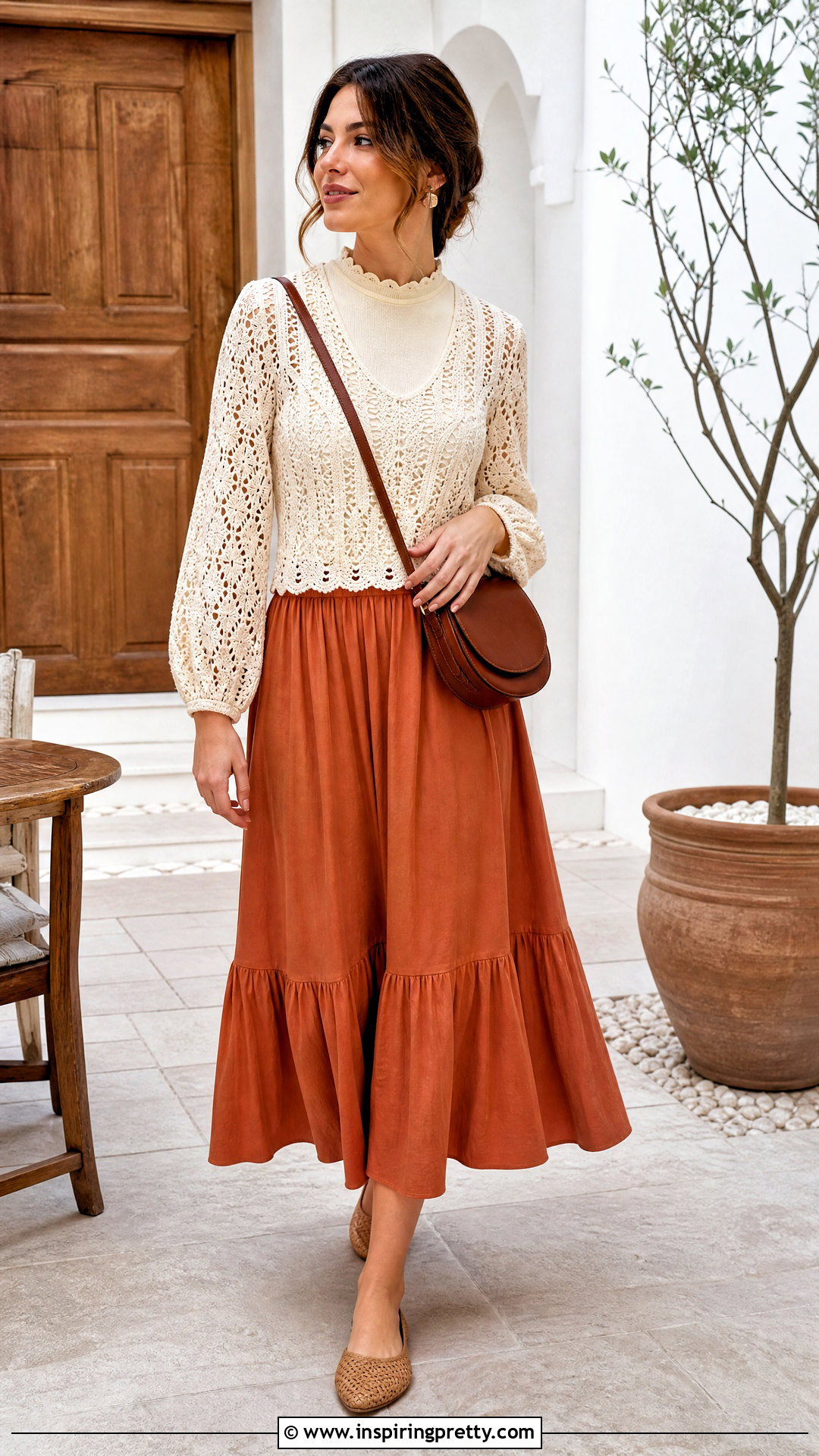Crochet Look Top With Cotton Midi Skirt - 50 modest summer tops outfit ideas
