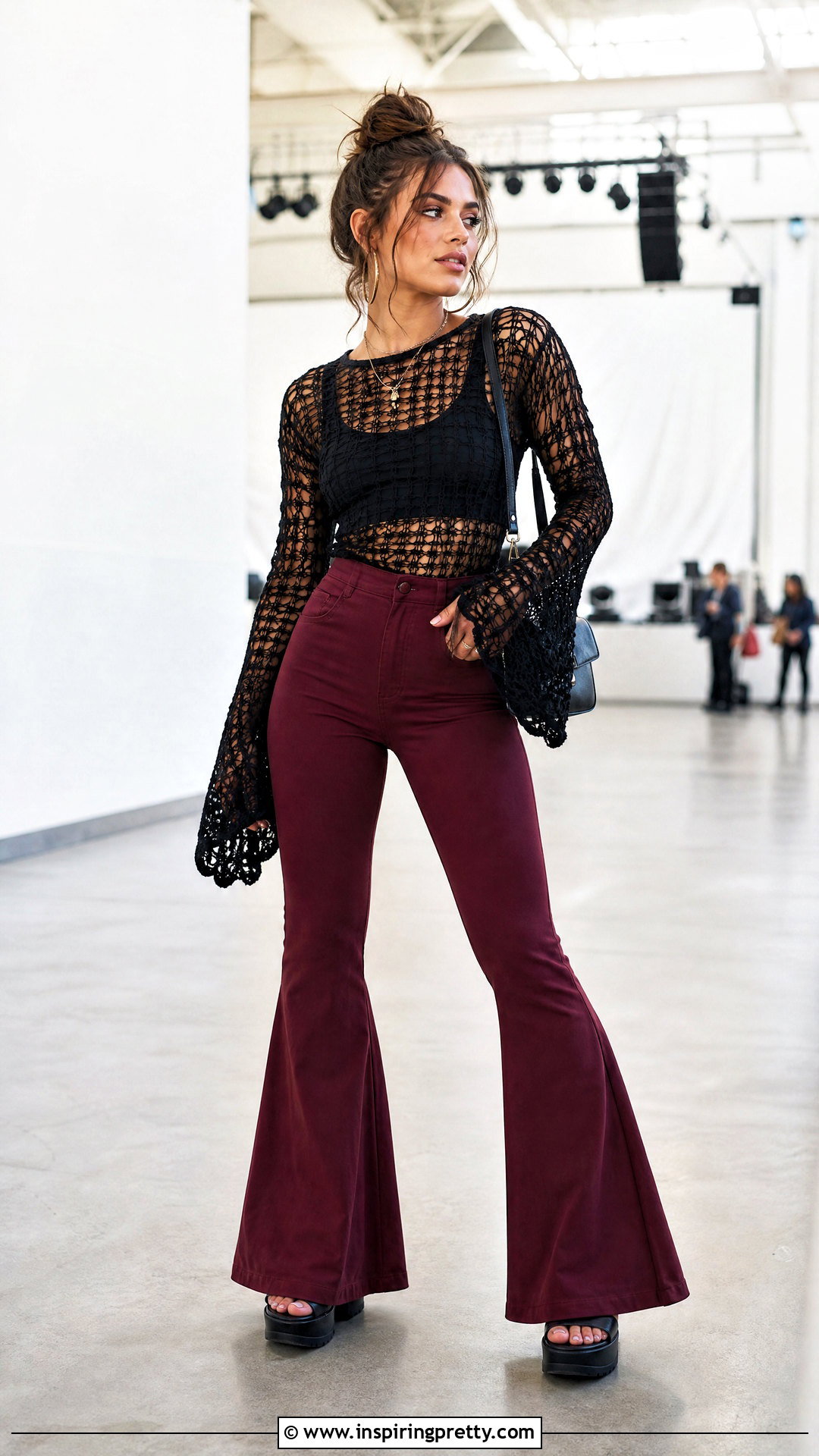 Crochet Mesh Bell Sleeve Top With Flared Pants - 50 mesh top crochet ideas