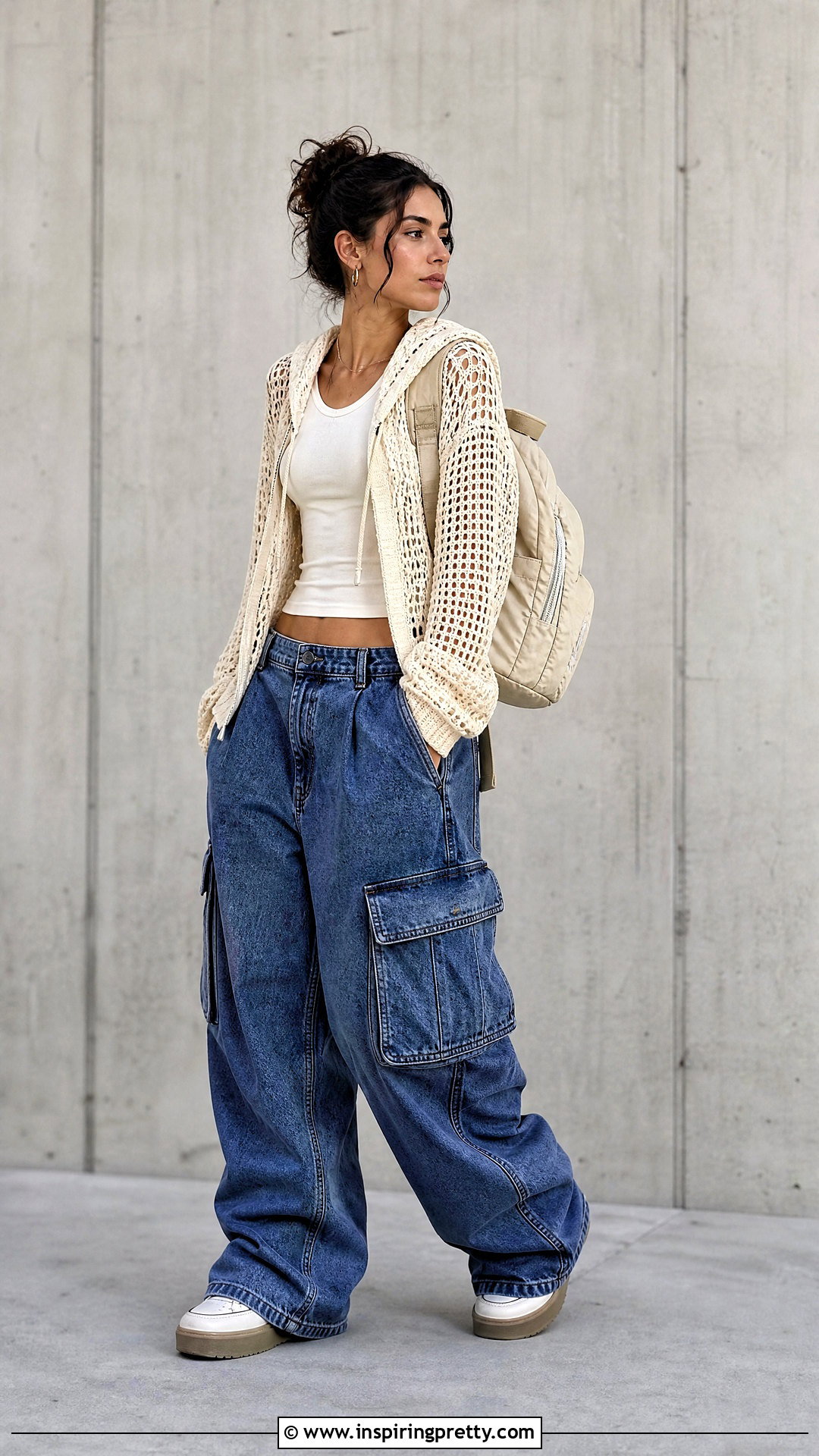 Crochet Mesh Hoodie Top With Cargo Jeans - 50 crochet mesh top outfit ideas