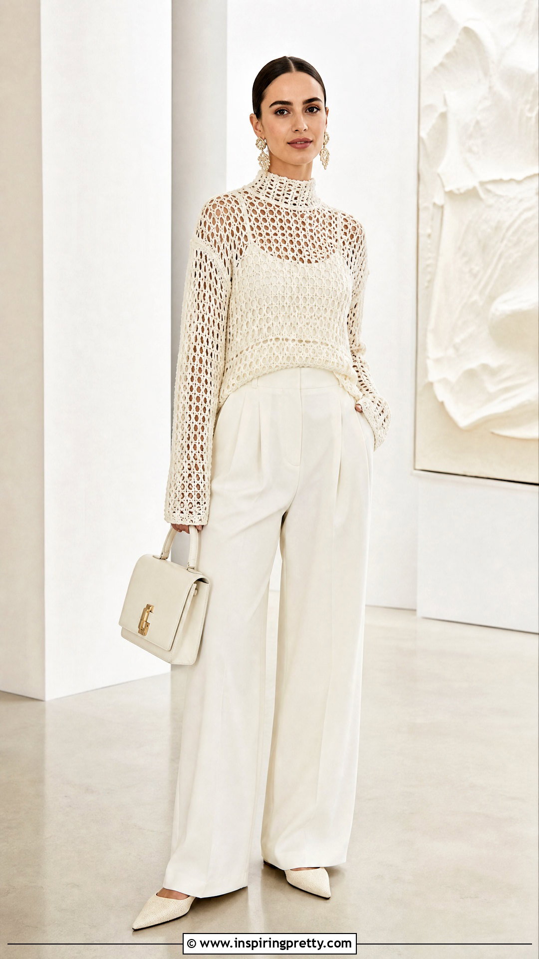 Crochet Mesh Mock Neck Top With Wide Leg Pants - 50 mesh top crochet ideas