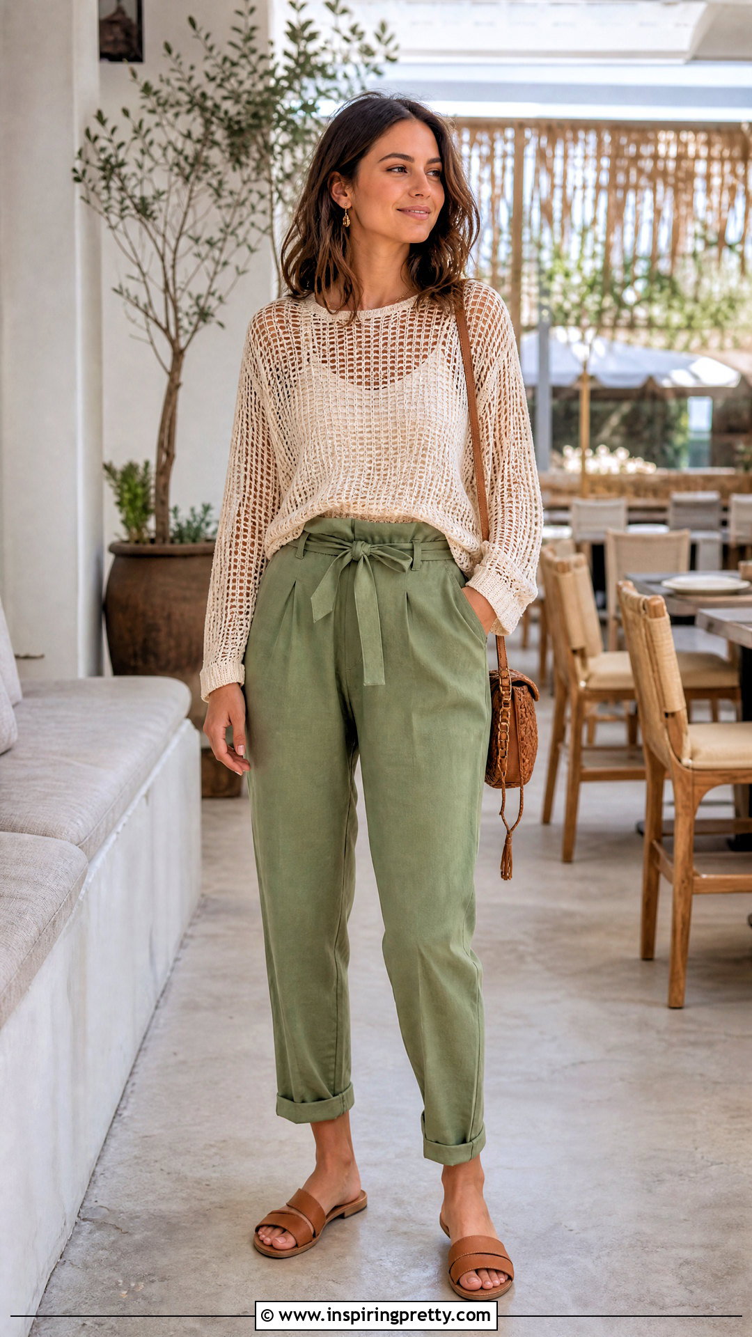 Crochet Mesh Top With Paperbag Waist Pants - 50 crochet mesh top outfit ideas