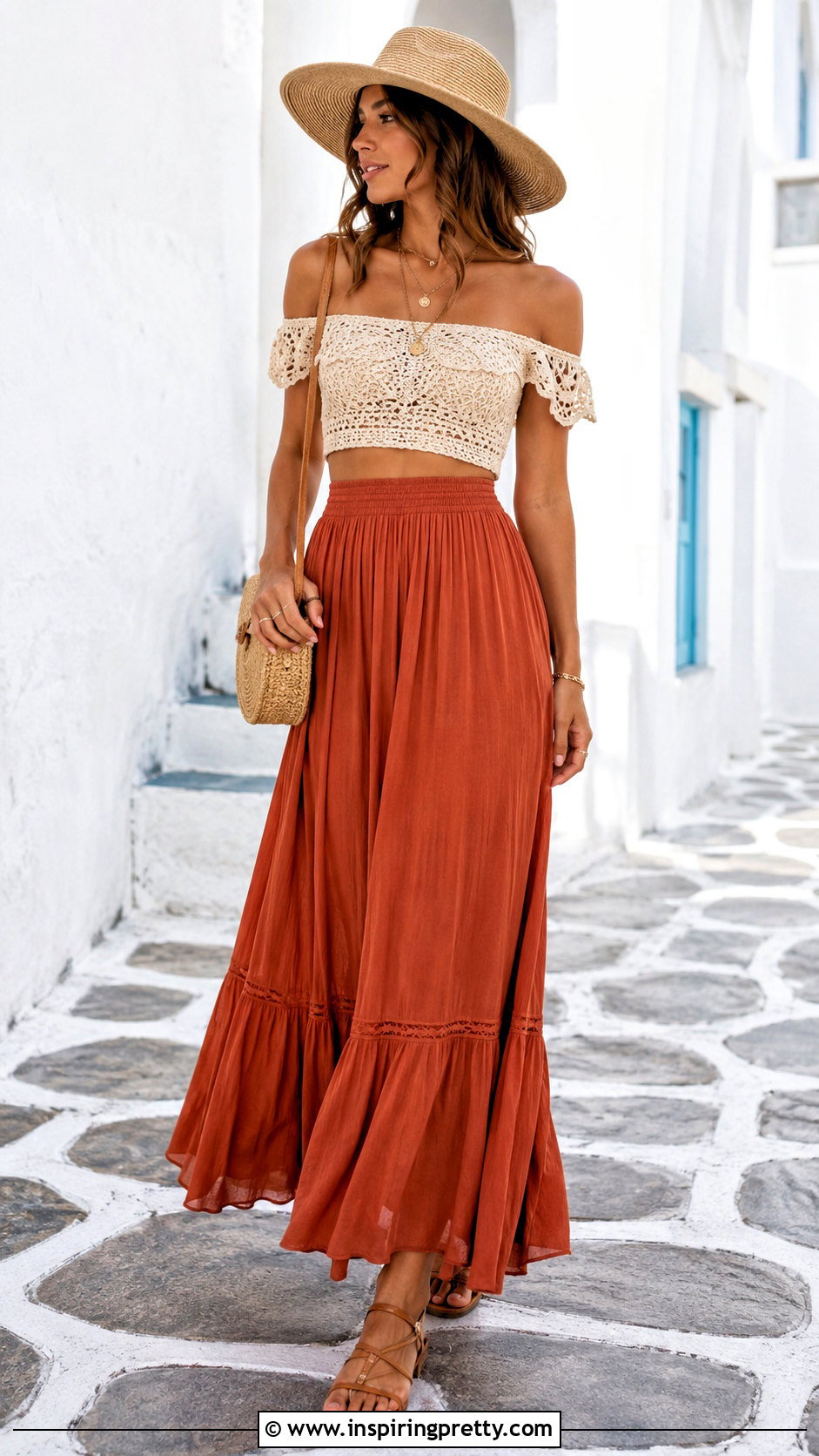 Crochet Off Shoulder Crop Top With Maxi Skirt - 20 Off-Shoulder Crop Top Fashion ideas
