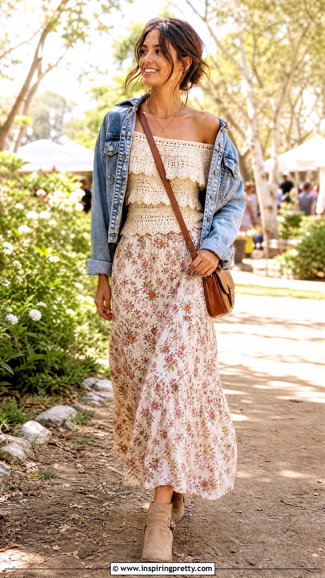 Crochet Off Shoulder Top With Denim Jacket And Maxi Skirt - 50 Crochet Off Shoulder Top outfit ideas