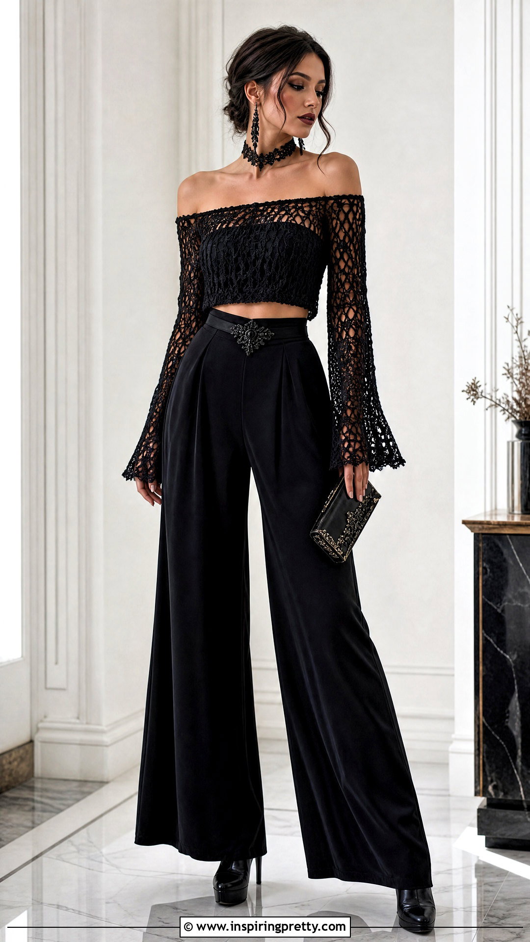 Crochet Off Shoulder Top With Maxi Pants - 50 goth crochet top outfit ideas