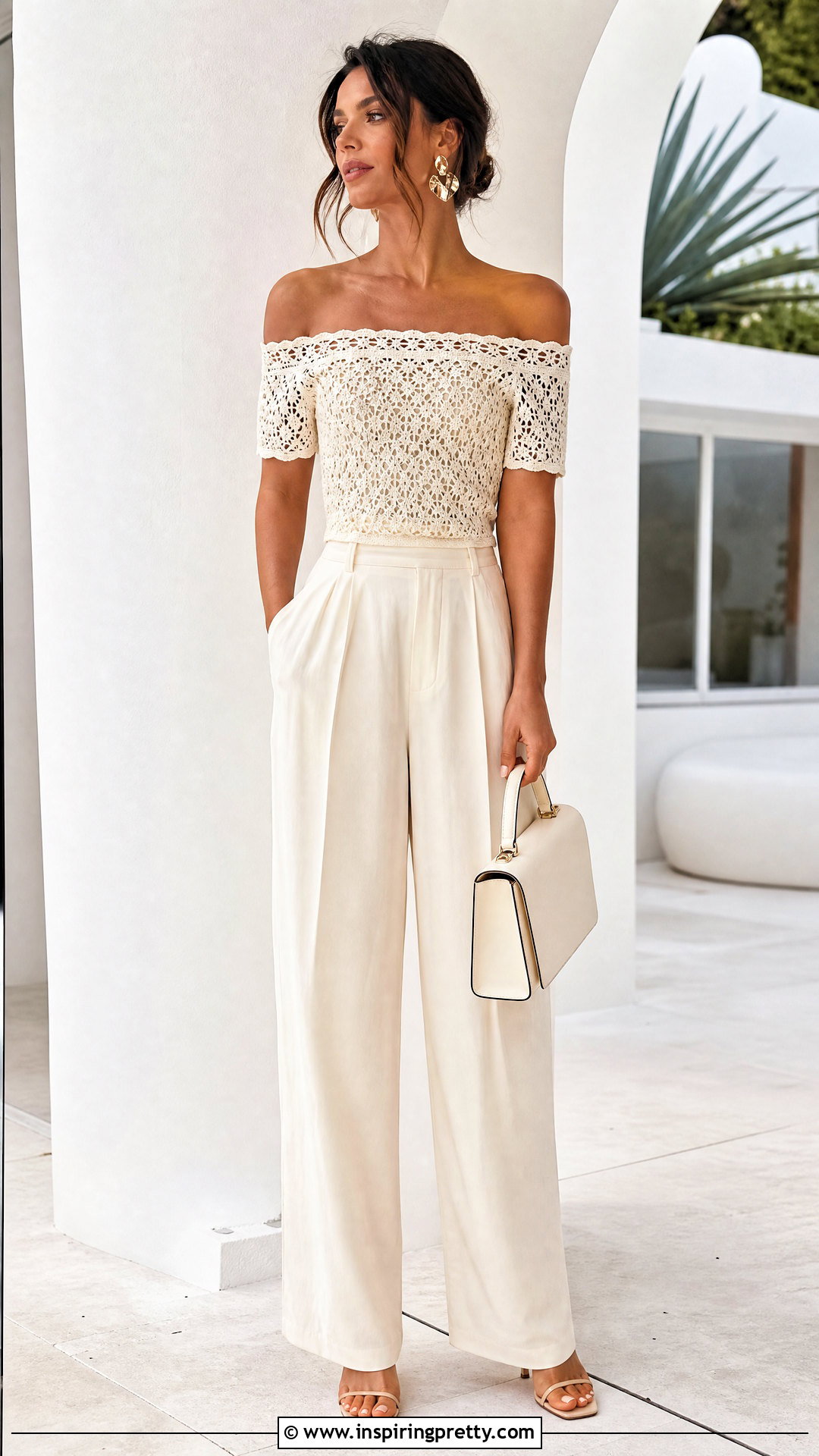 Crochet Off Shoulder Top With Monochrome Wide Leg Pants - 50 Crochet Off Shoulder Top outfit ideas