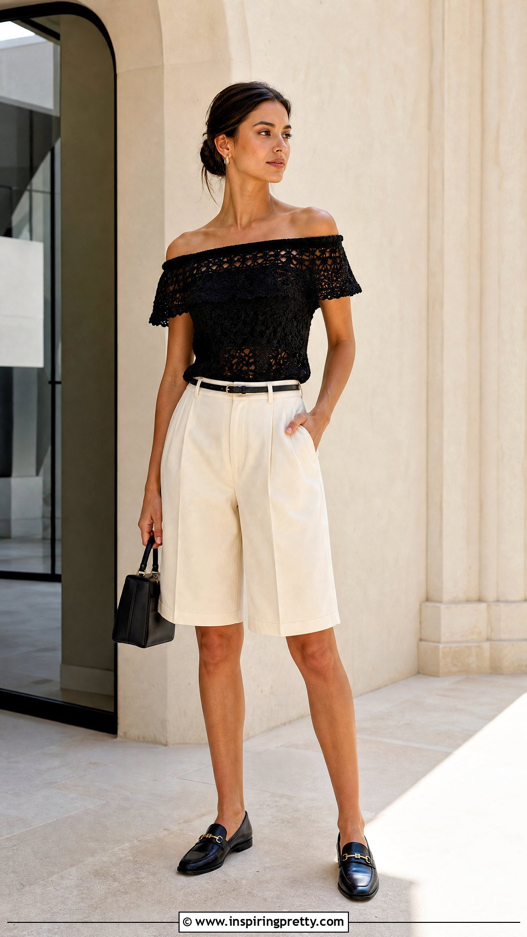 Crochet Off Shoulder Top With Tailored Bermuda Shorts - 50 Crochet Off Shoulder Top outfit ideas