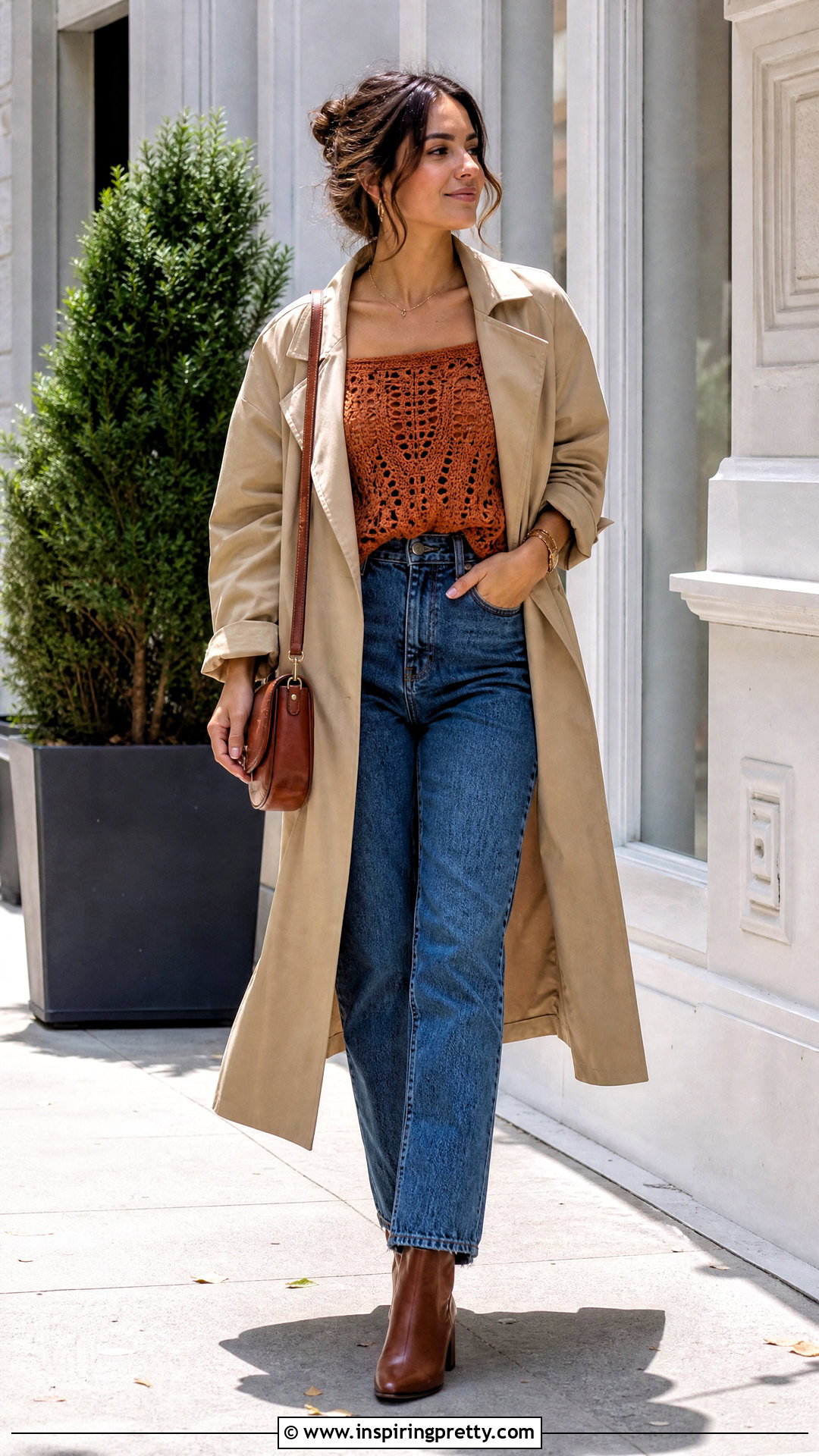 Crochet Off Shoulder Top With Trench Coat And Jeans - 50 Crochet Off Shoulder Top outfit ideas