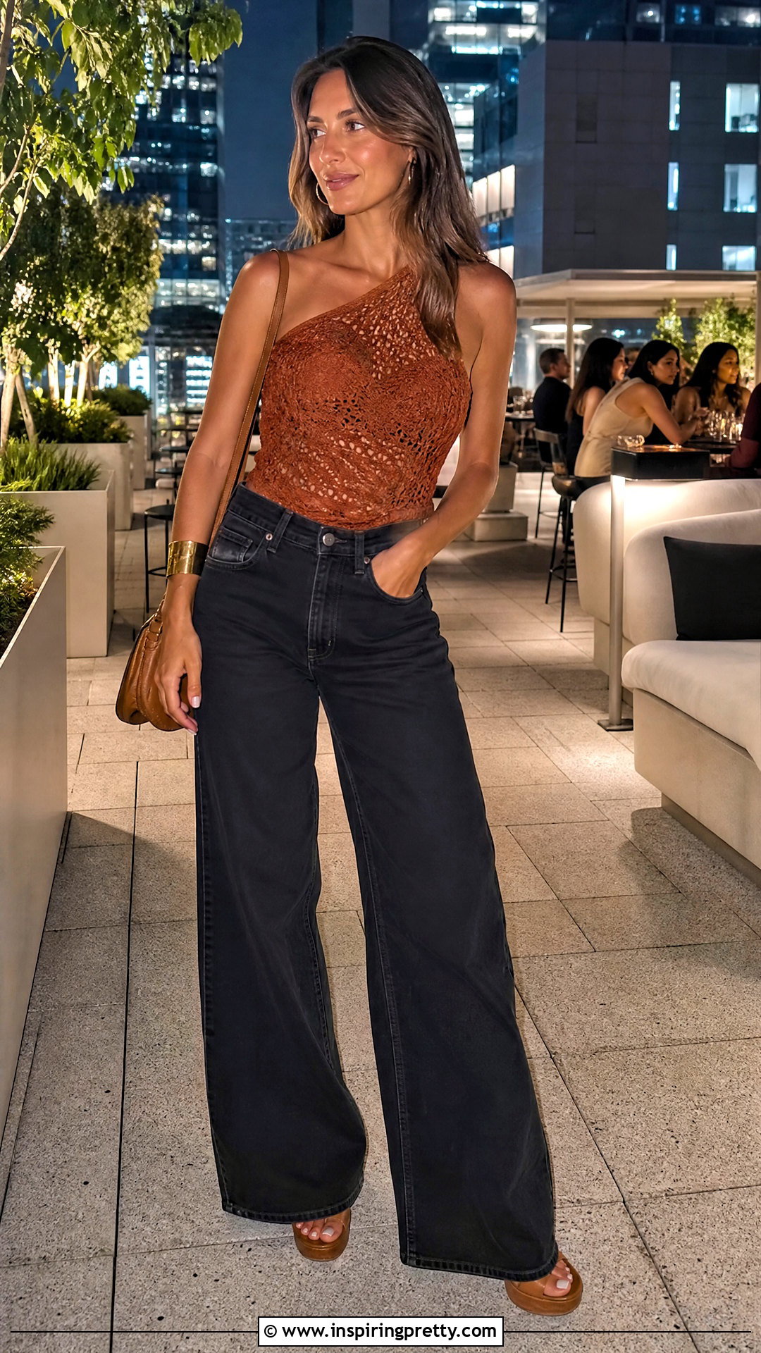 Crochet One Shoulder Top With Wide Leg Jeans - 50 crochet top summer outfits