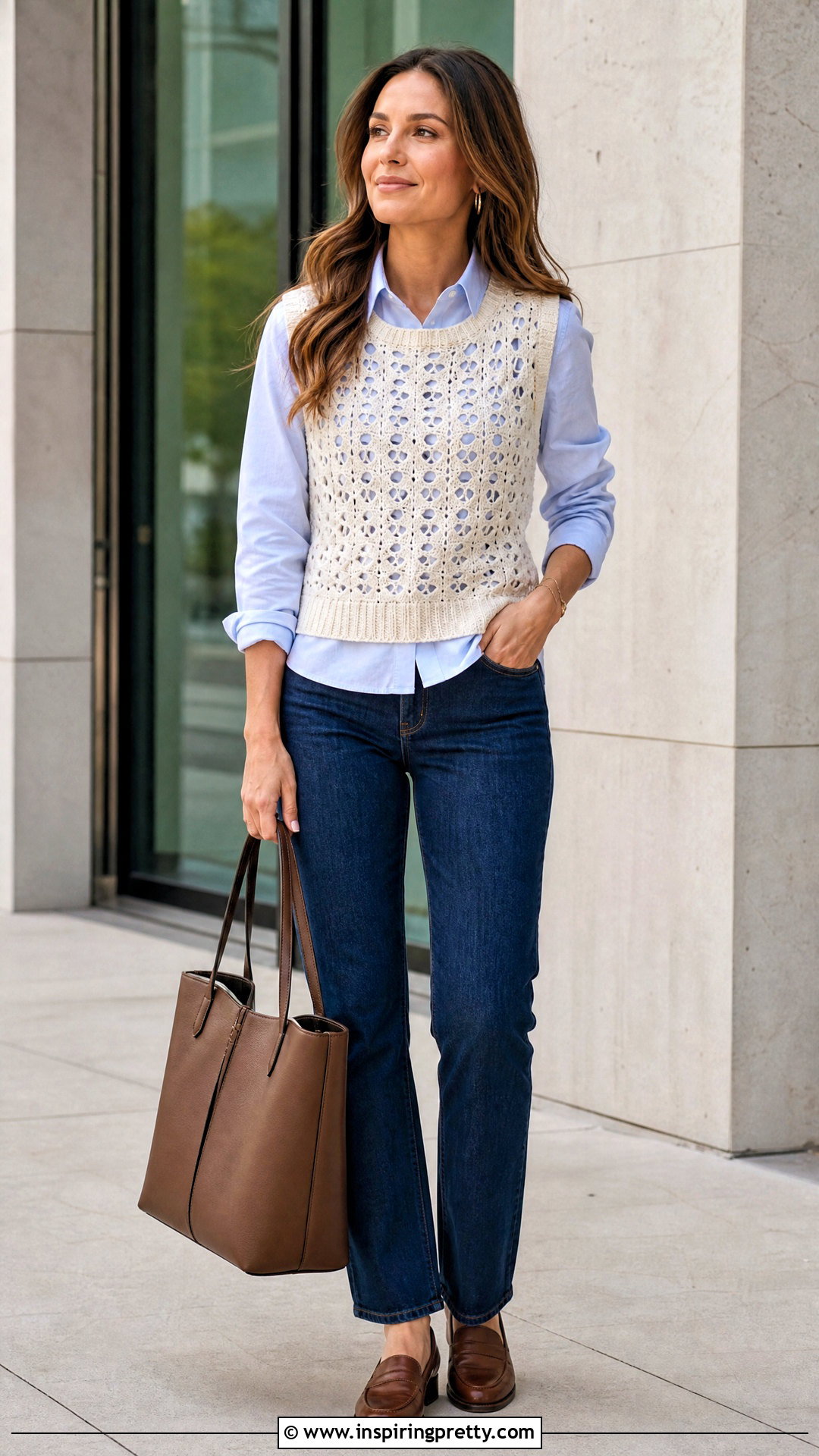 Crochet Peekaboo Vest With a Button Down Shirt - 20 crochet peekaboo top outfit ideas