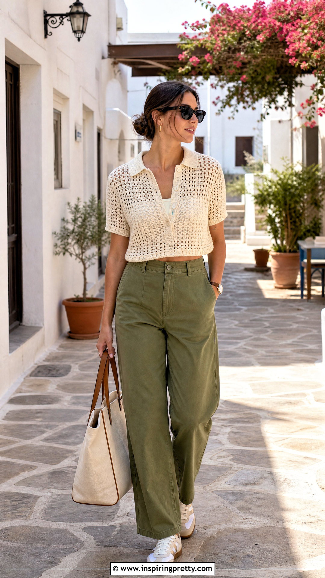 Crochet Polo Crop Top With Chino Pants - 50 top cropped croche outfit ideas