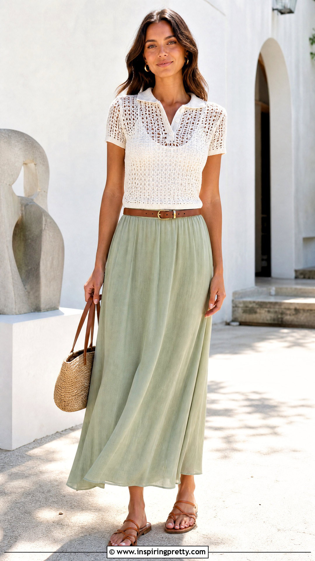 Crochet Polo Top With Maxi Skirt - 50 summer top outfit ideas