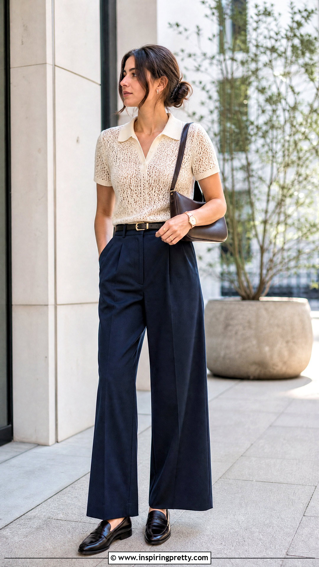 Crochet Polo Top With Pleated Pants - 50 top de crochê outfit ideas