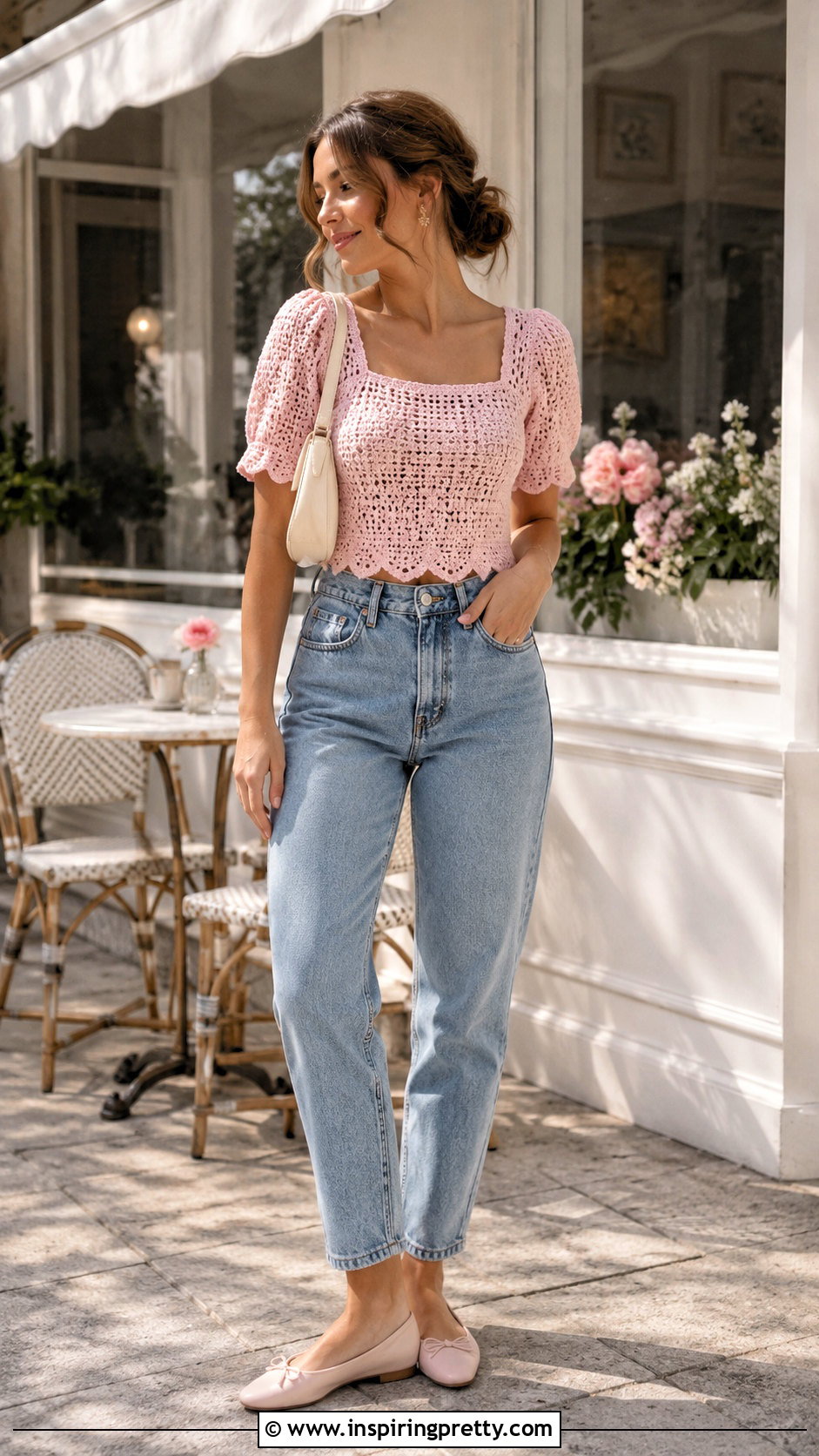 Crochet Puff Sleeve Top With Mom Jeans - 50 crocheted tops outfit ideas