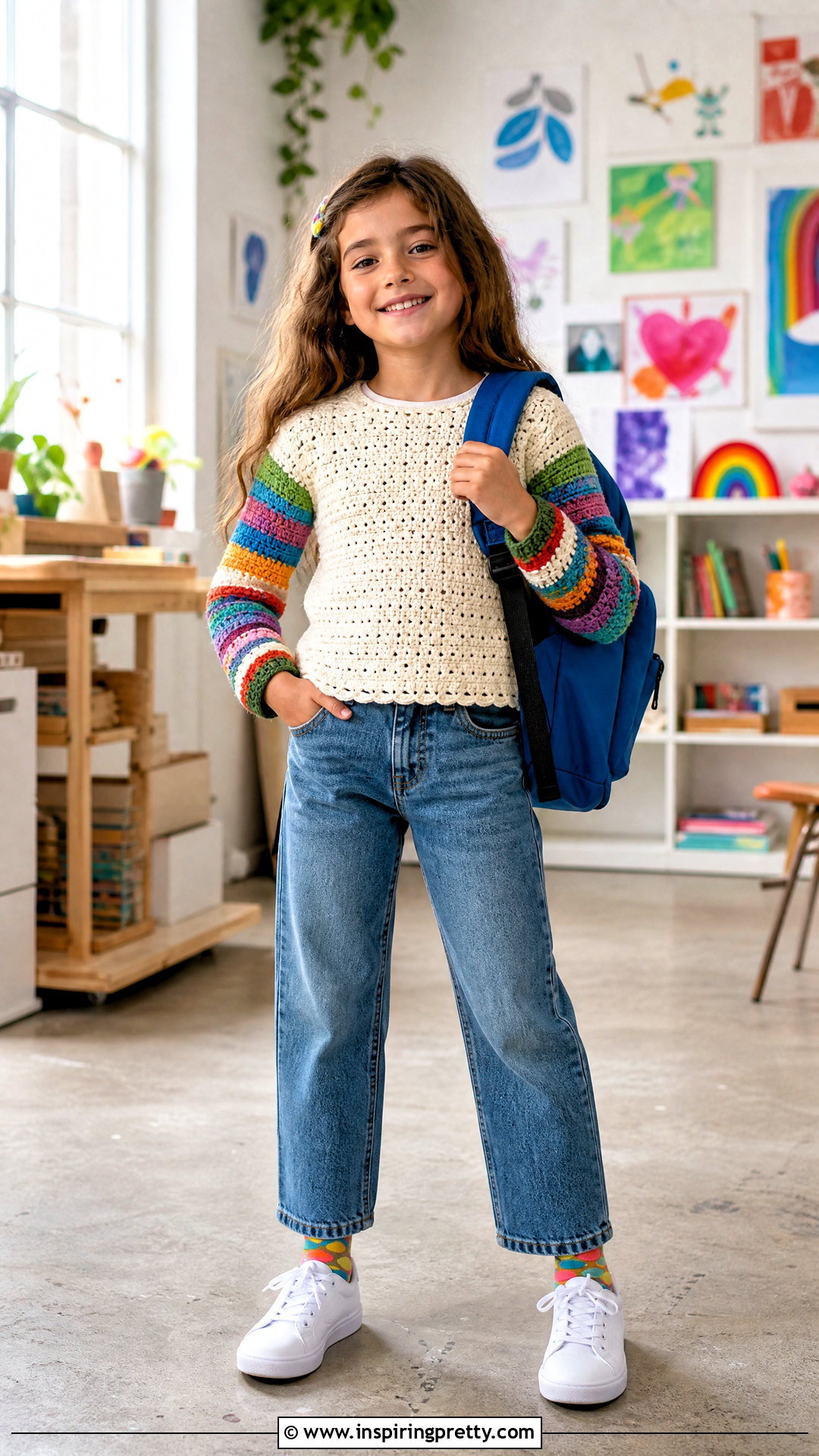 Crochet Rainbow Sleeve Top With Jeans - 50 crochet top for kids