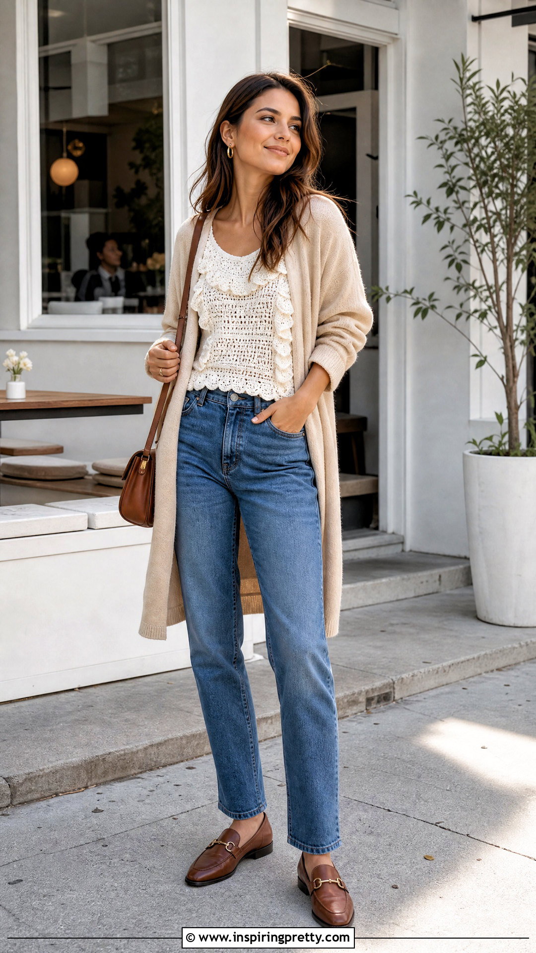 Crochet Ruffle Top With Cardigan And Jeans - 50 crochet ruffle top outfit ideas
