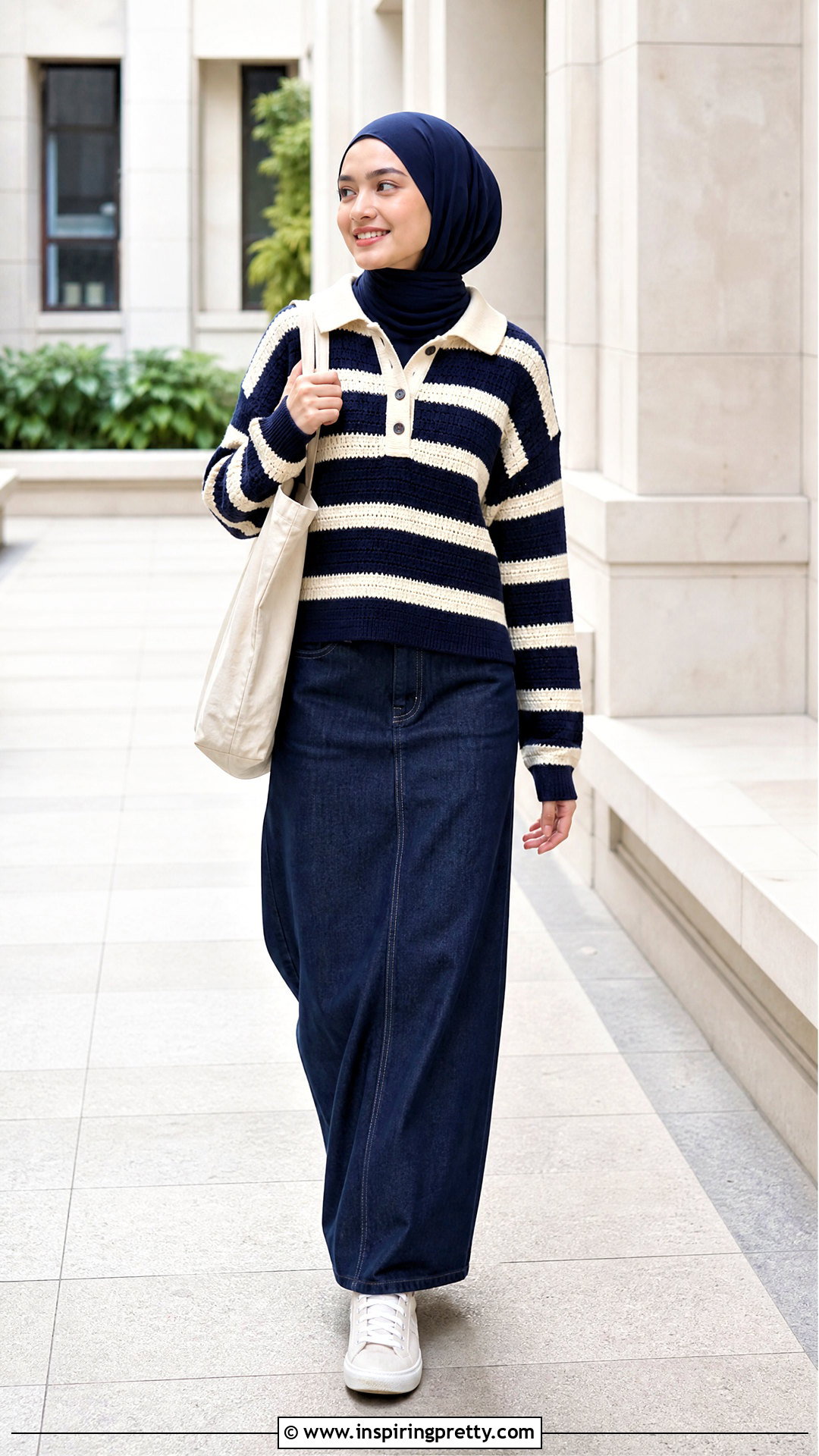 Crochet Rugby Top With A Denim Maxi Skirt - 25 crochet top hijabi outfit ideas