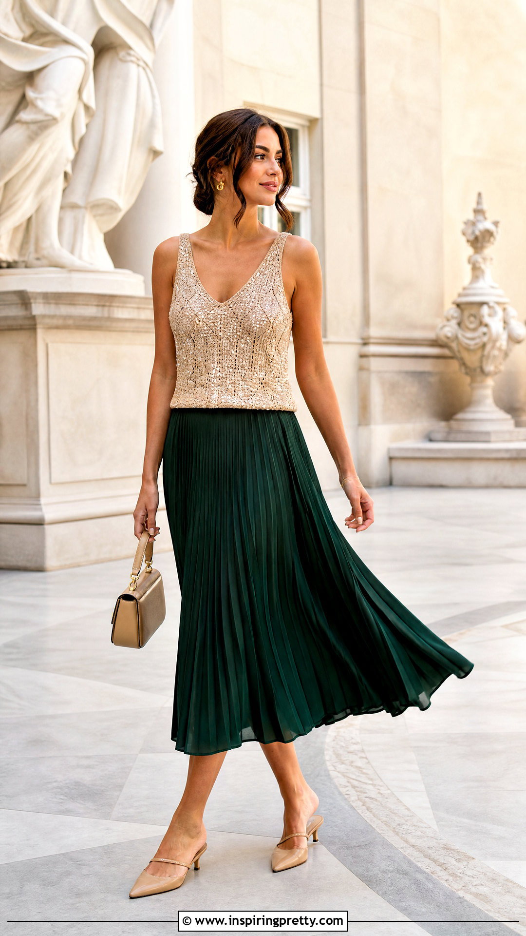 Crochet Sequin Tank Top With Pleated Midi Skirt - 20 crochet sequin tank top outfit ideas