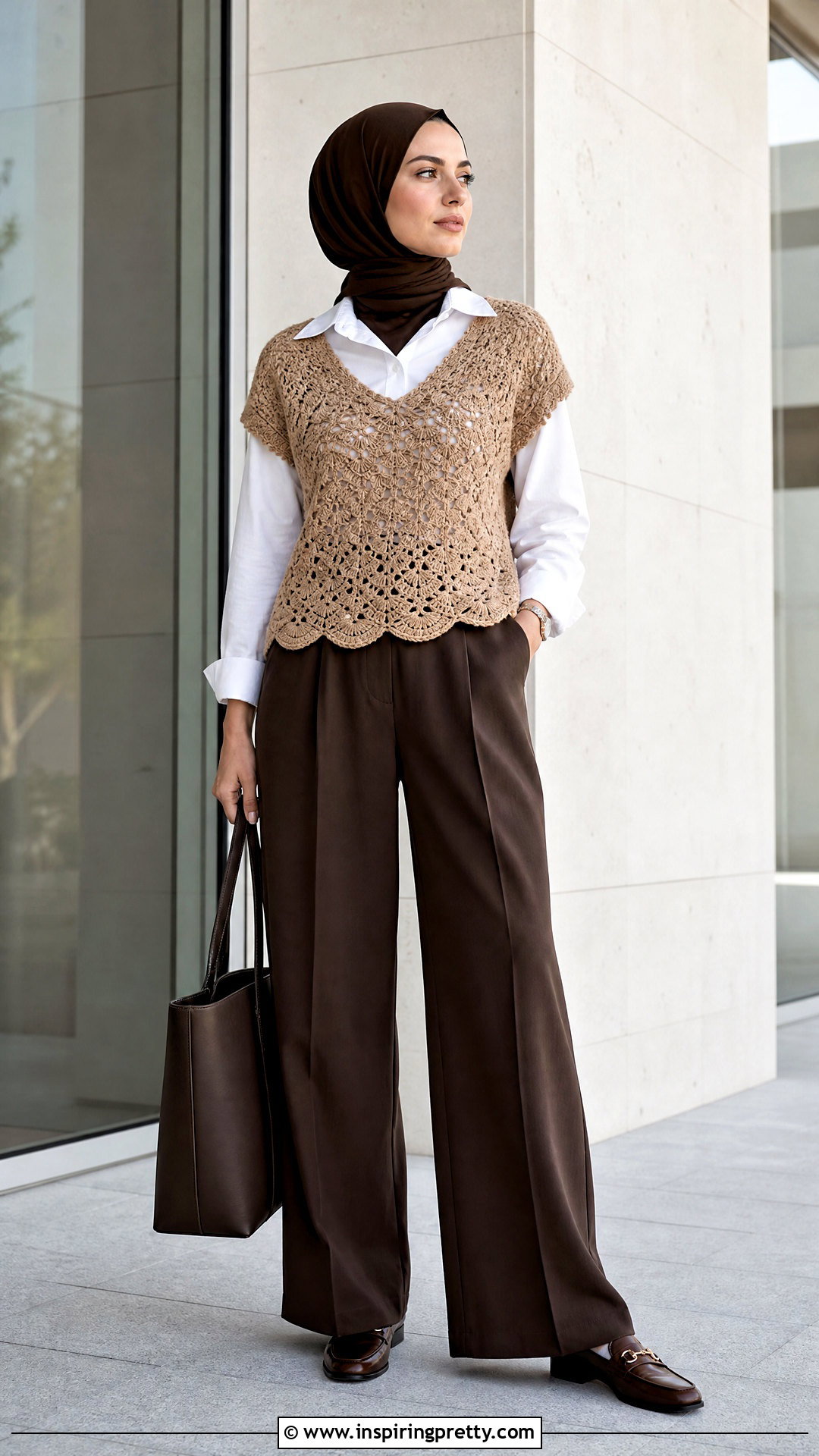 Crochet Shell With A White Shirt And Trousers - 25 crochet top hijabi outfit ideas