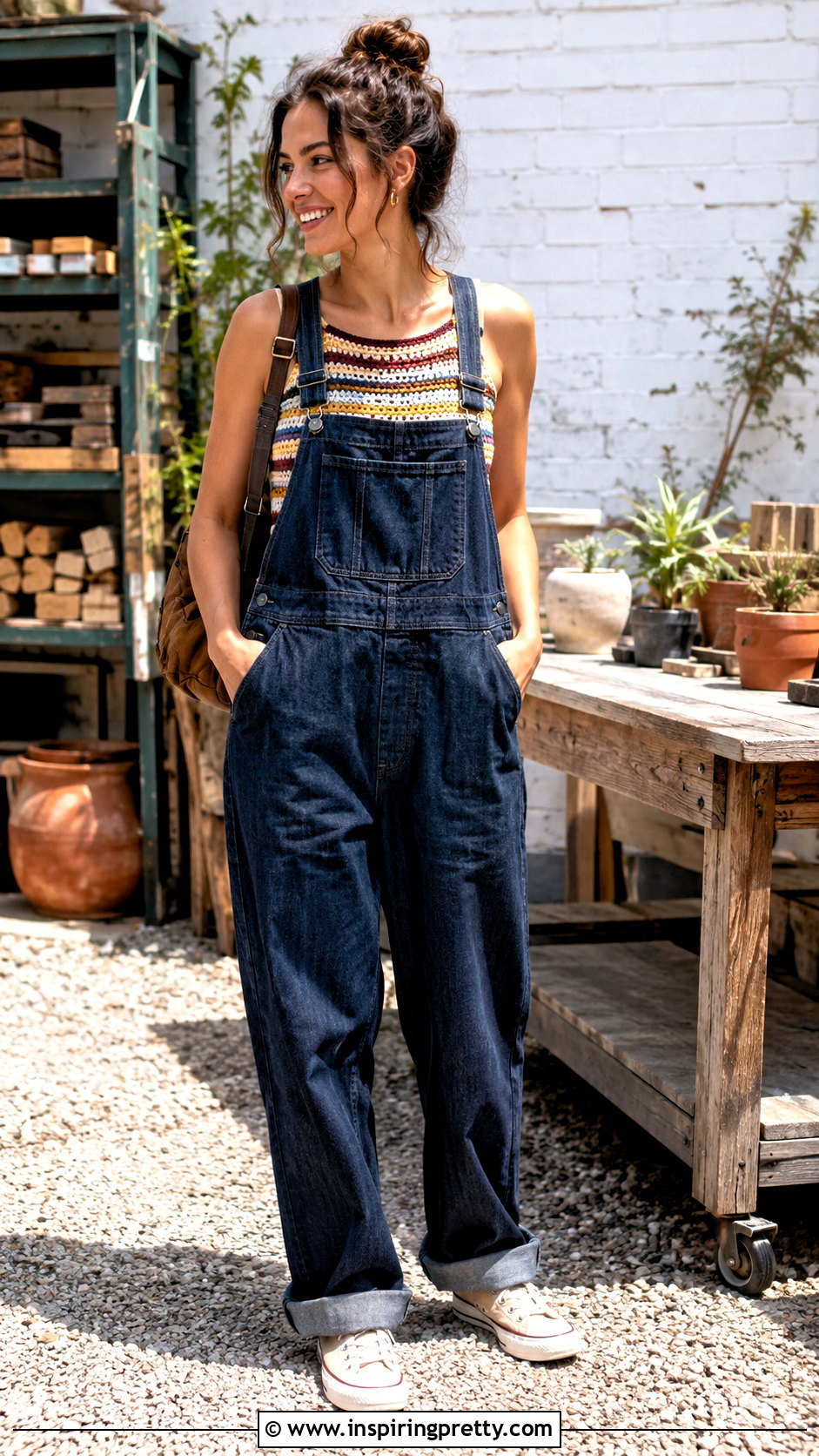 Crochet Striped Top With Denim Overalls - 50 handmade tops outfit ideas